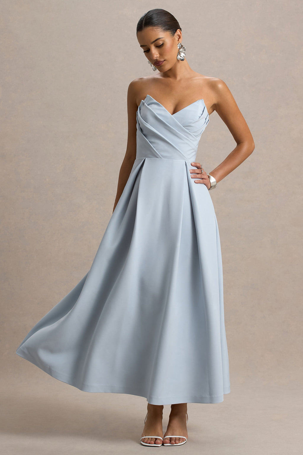 Reigning Beauty | Powder Blue Sweetheart Midi Dress With Volume Hem