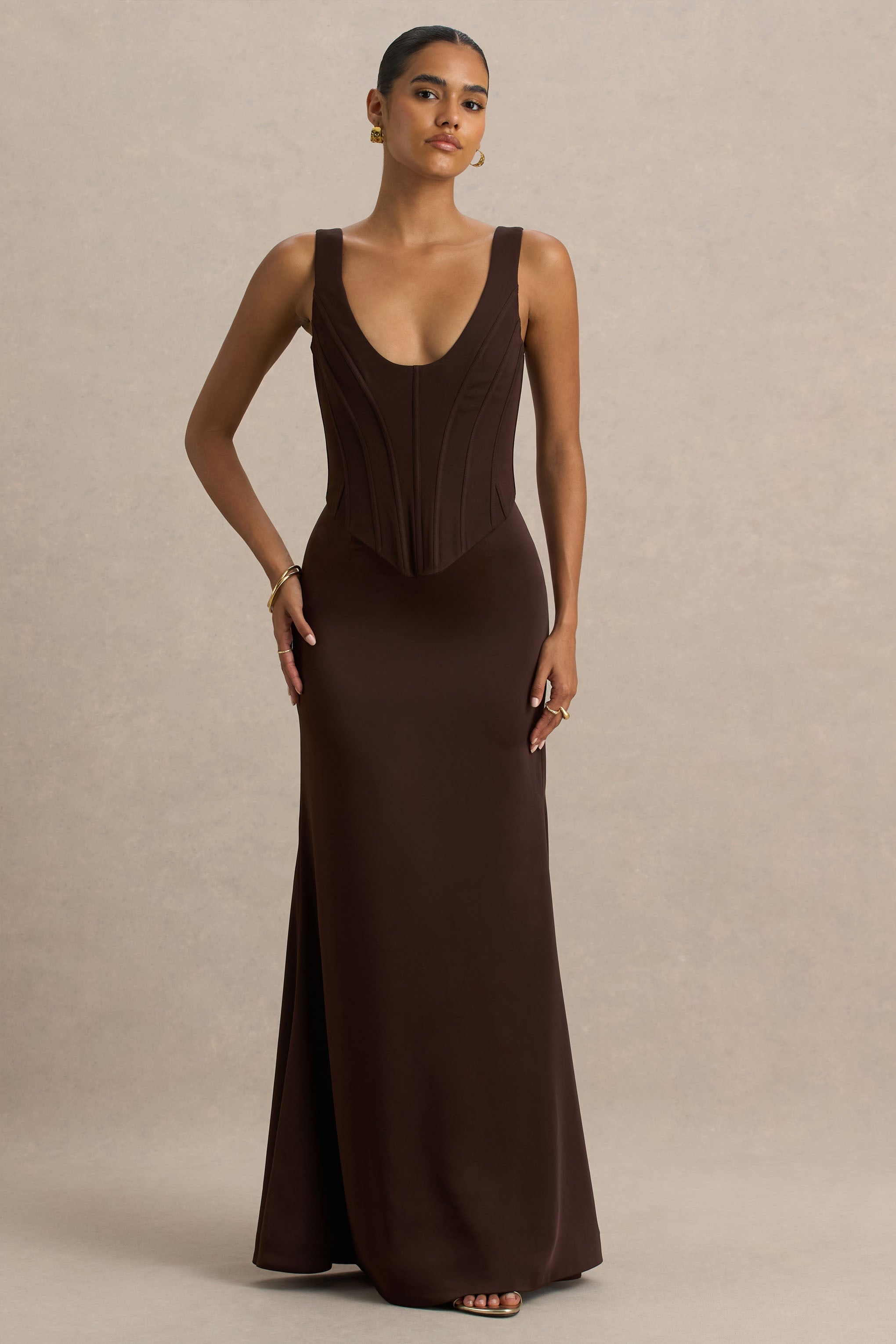 Morgan | Brown Satin Corset Maxi Dress