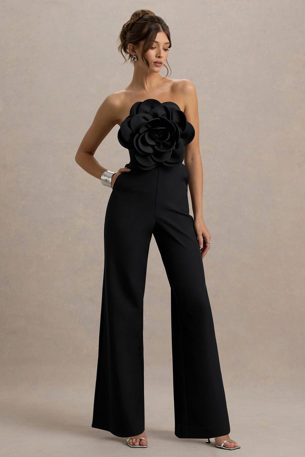 Opia | Black Bandeau Wide-Leg Jumpsuit With Large Floral Corsage