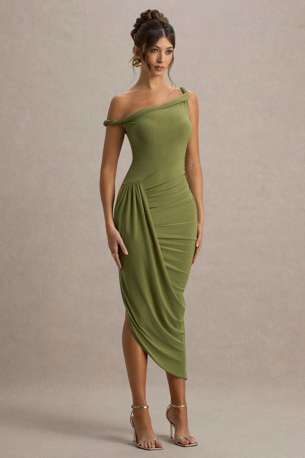Angelique | Olive Green Twisted Asymmetric Maxi Dress