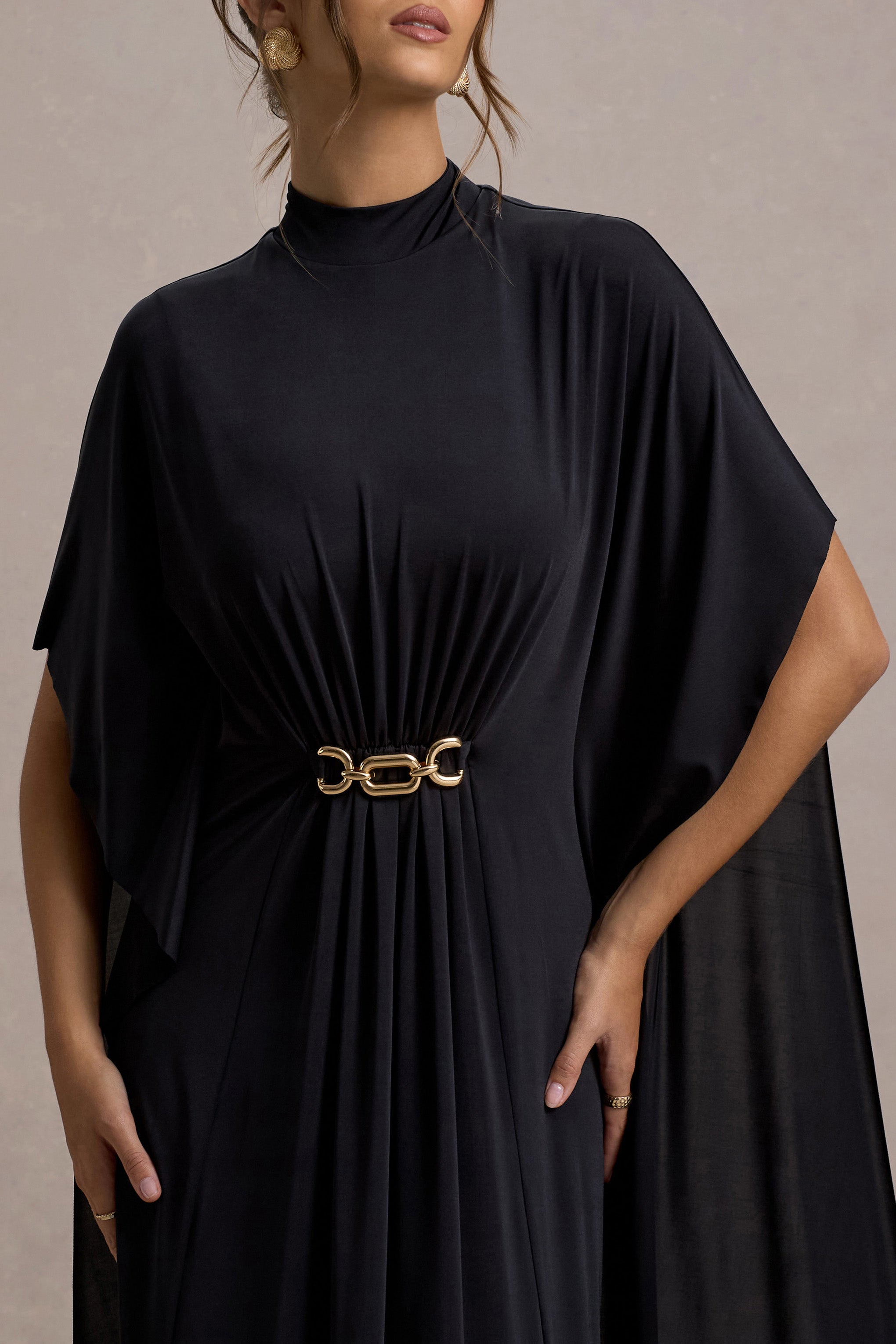 Olessia | Black Belted Gathered Cape-Sleeve Maxi Dress