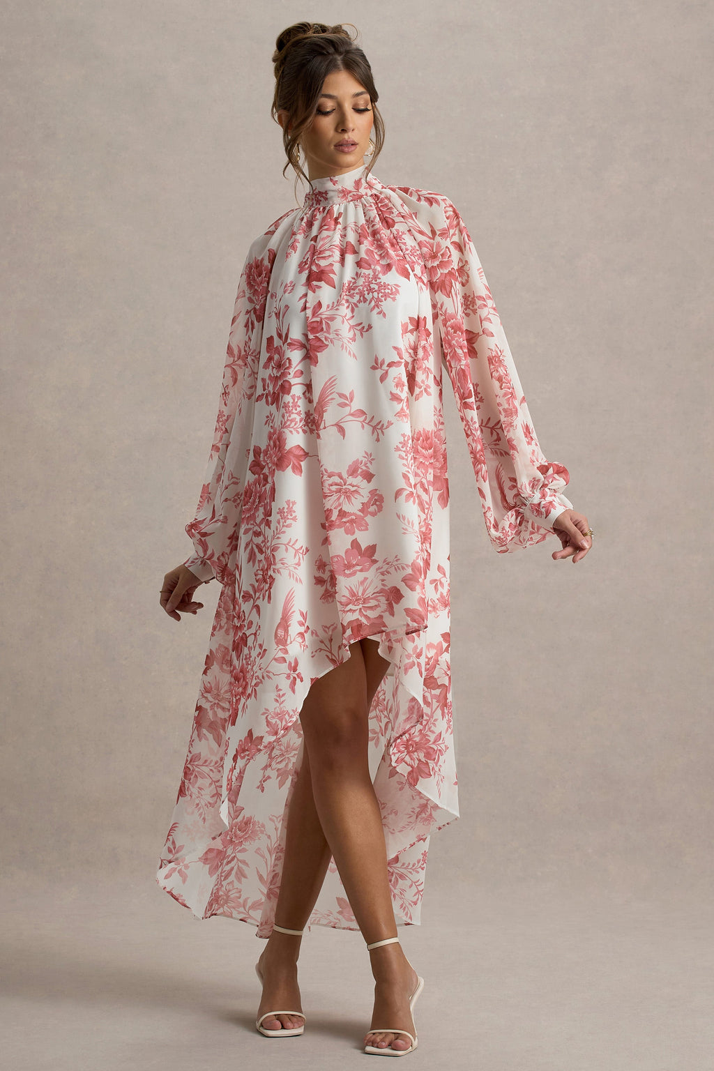 Delphia | Pink Porcelain Print High-Neck Maxi Dress With High-Low Hem