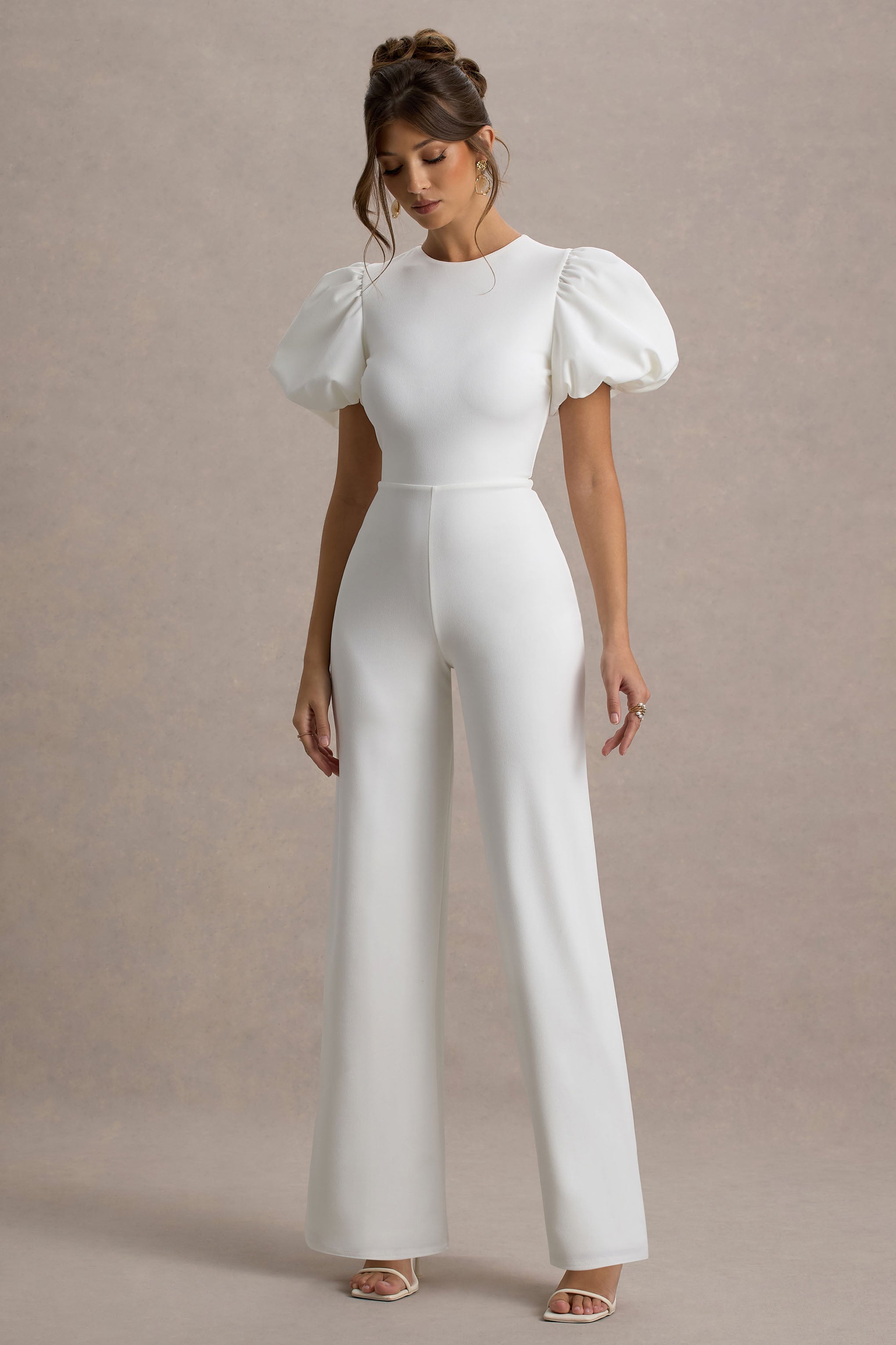 Dillon | White Puff-Sleeve Straight-Leg Jumpsuit