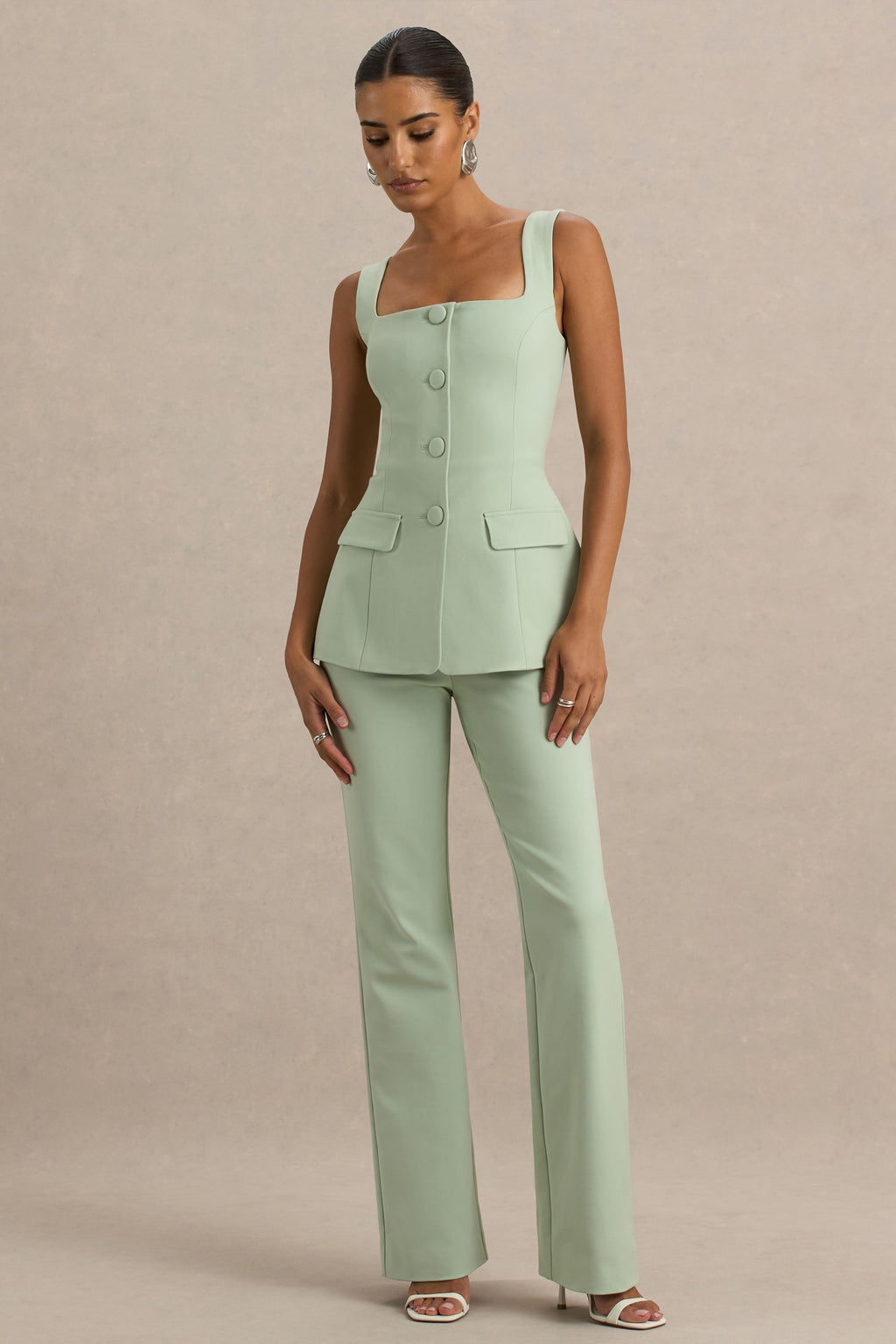 Aceline | Light Green Square-Neck Tailored Jumpsuit