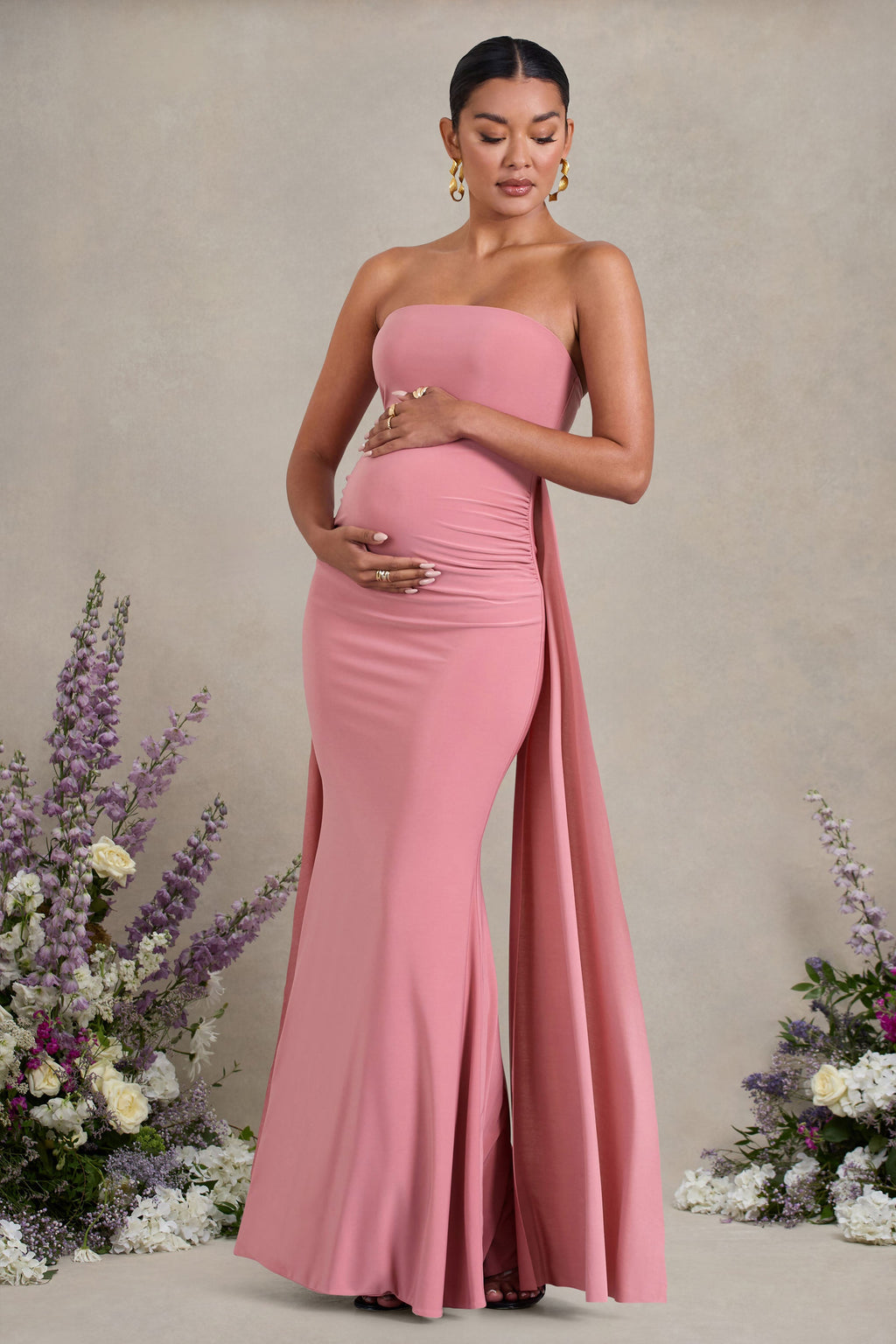 Christina | Blush Pink Bandeau Sleeveless Maternity Maxi Dress With Cape