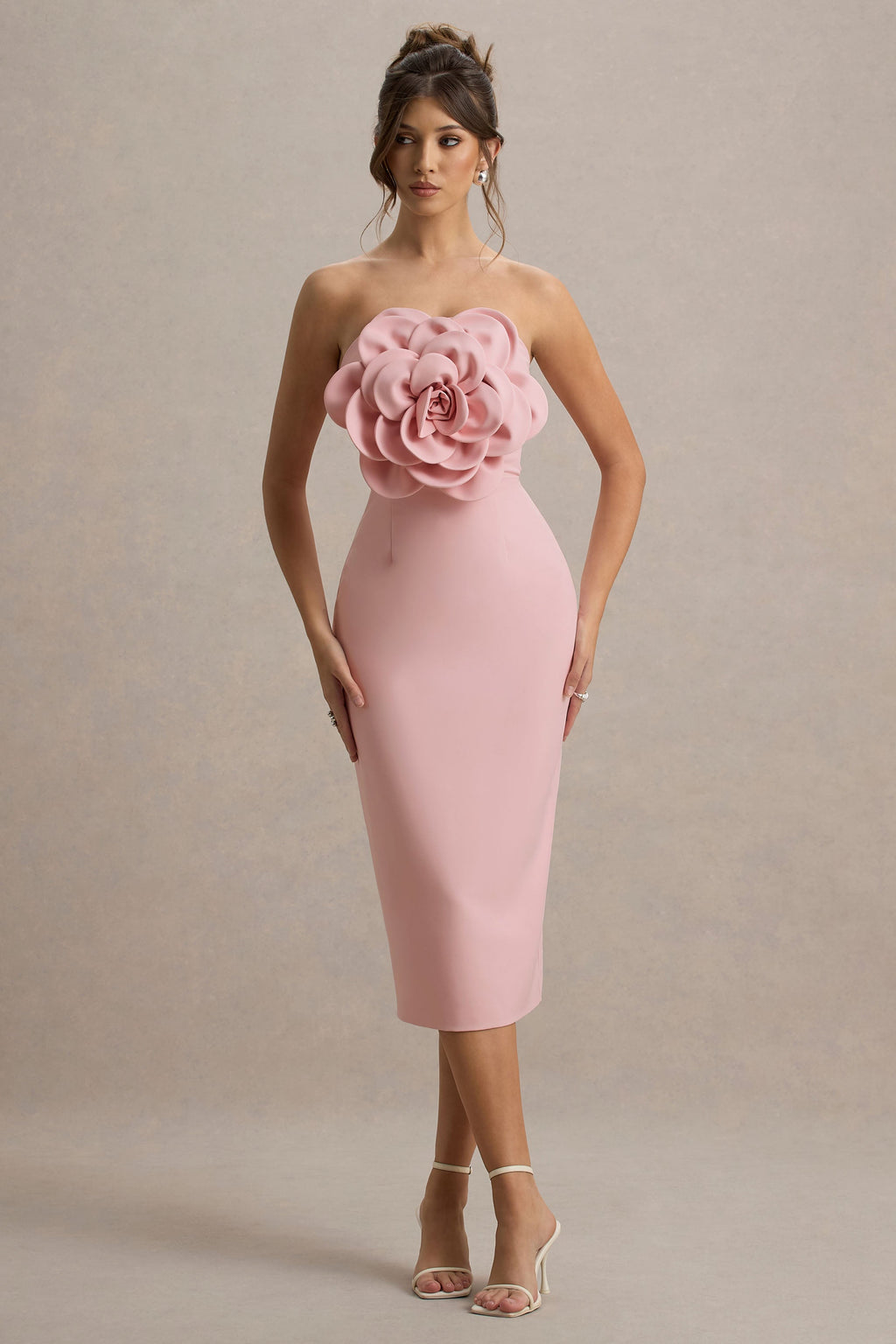 Phina | Pale Pink Bodycon Midi Dress With Large Floral Corsages