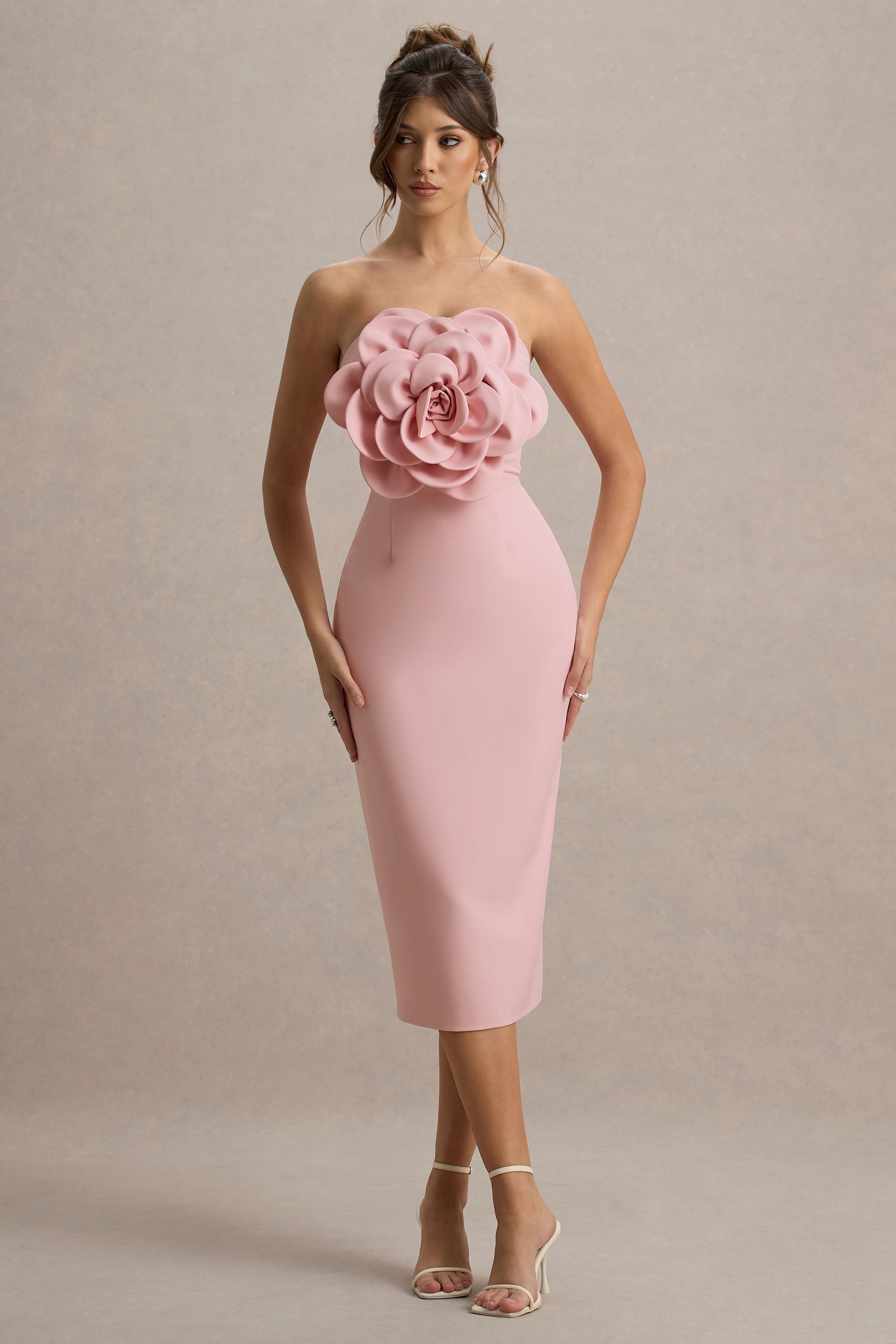 Phina | Pale Pink Bodycon Midi Dress With Large Floral Corsages