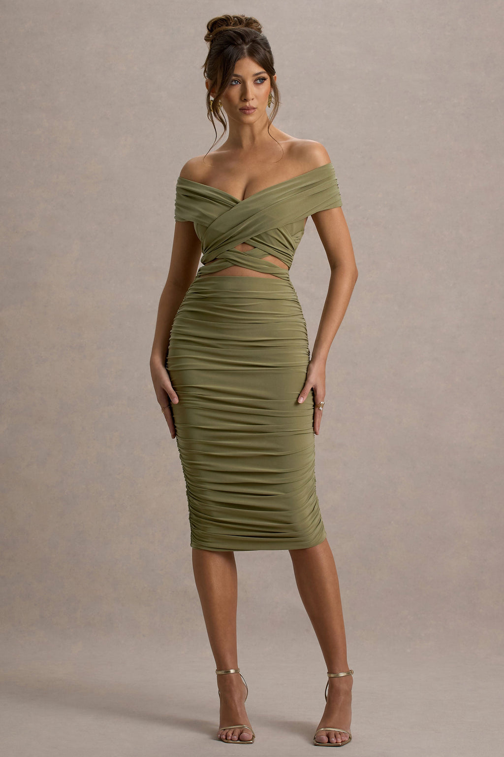 Clovette | Olive Ruched Bardot Cut-Out Midi Dress