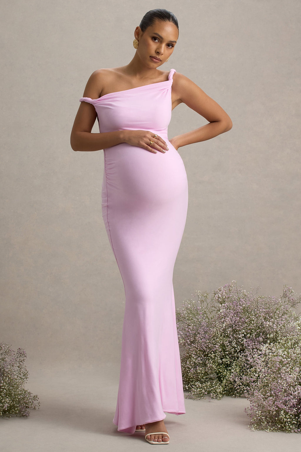 Lita | Pink Twisted Asymmetric Maternity Maxi Dress