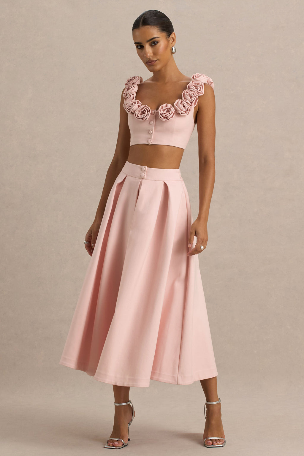 Sara | Baby Pink Midi Skirt With Buttons