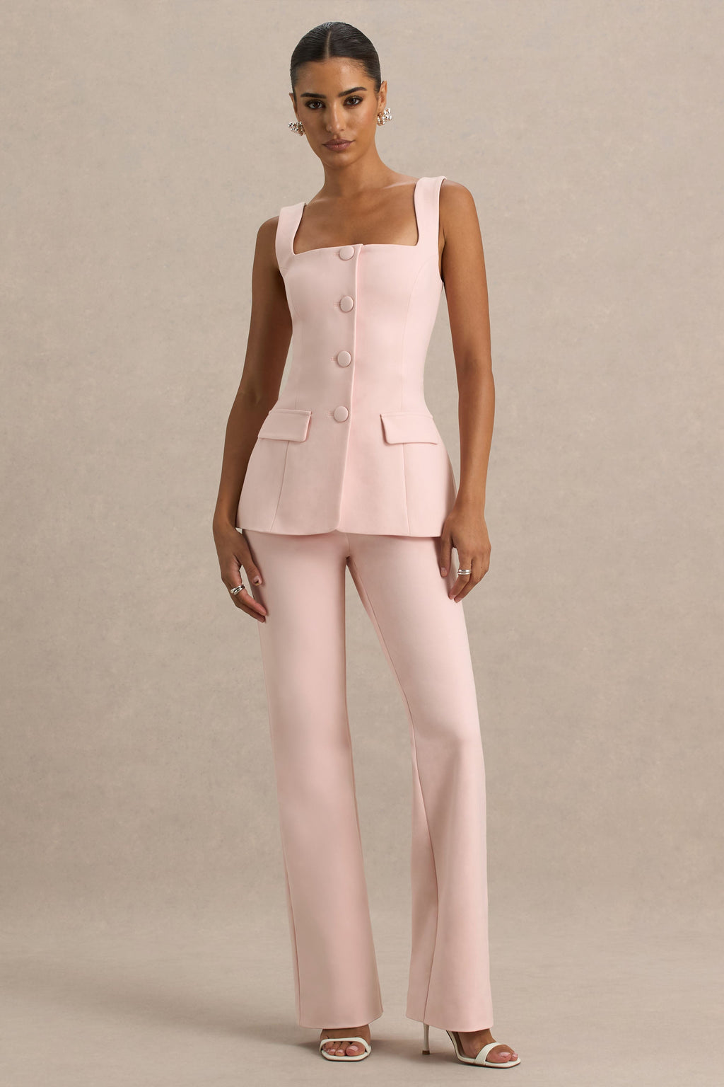 Aceline | Baby Pink Square-Neck Tailored Jumpsuit