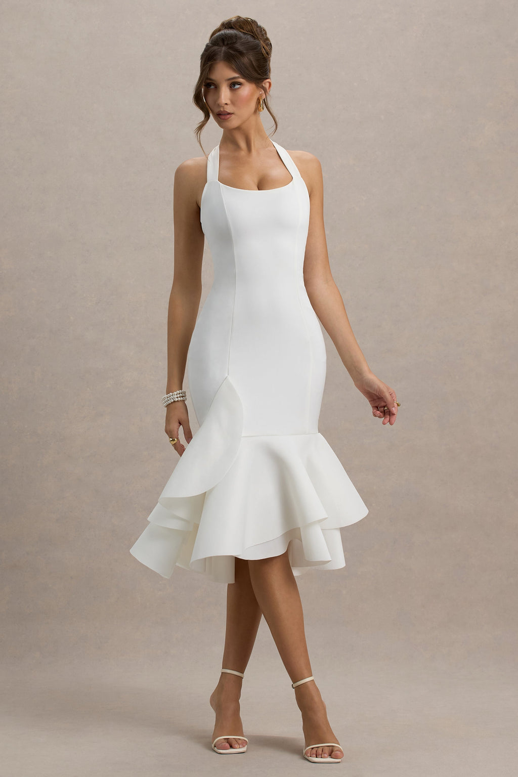 Arla | White Halter Neck Ruffle Trim Midi Dress