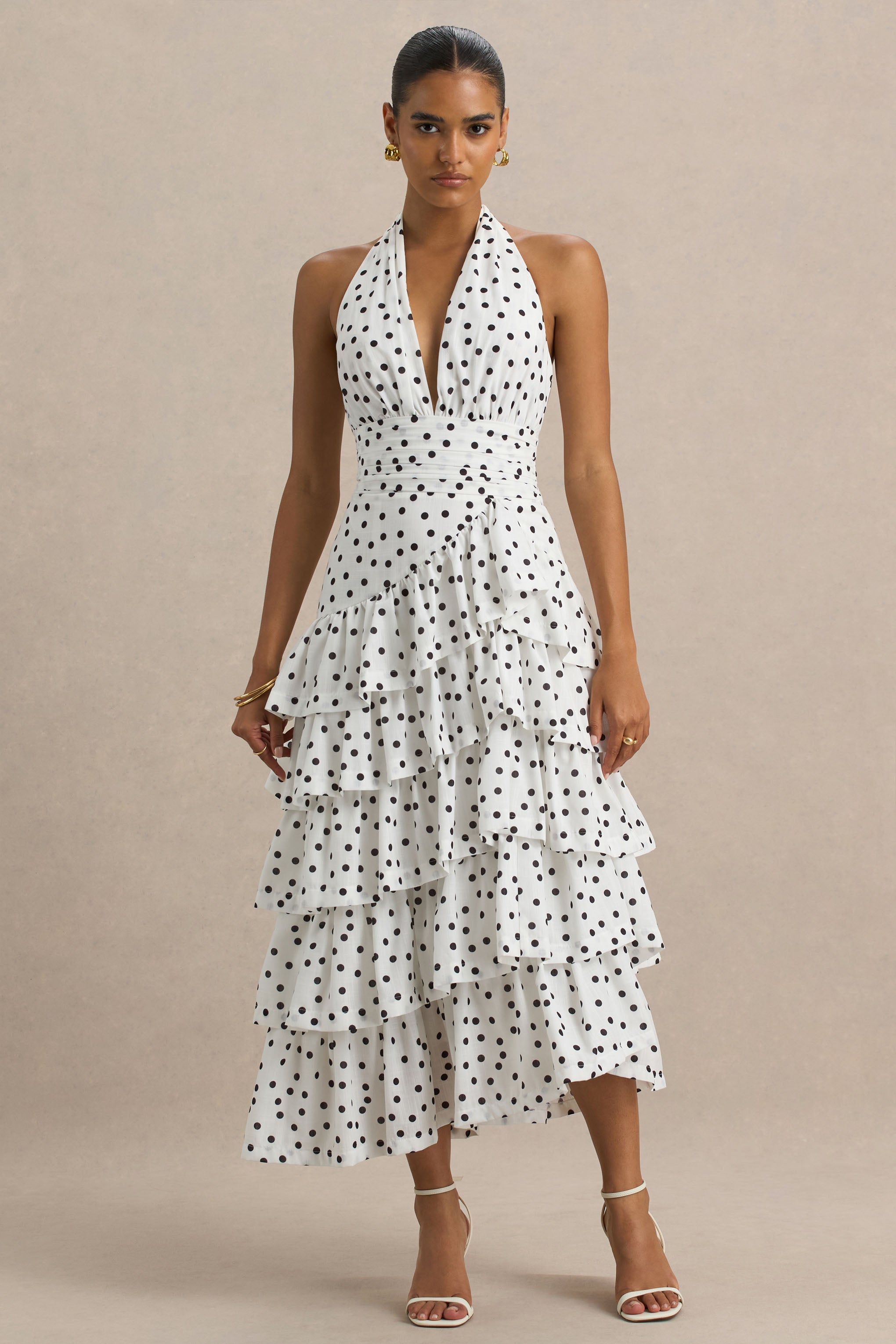 Violet | White Polka Dot Linen Midi Dress With Halter-Neck and Ruffled Skirt