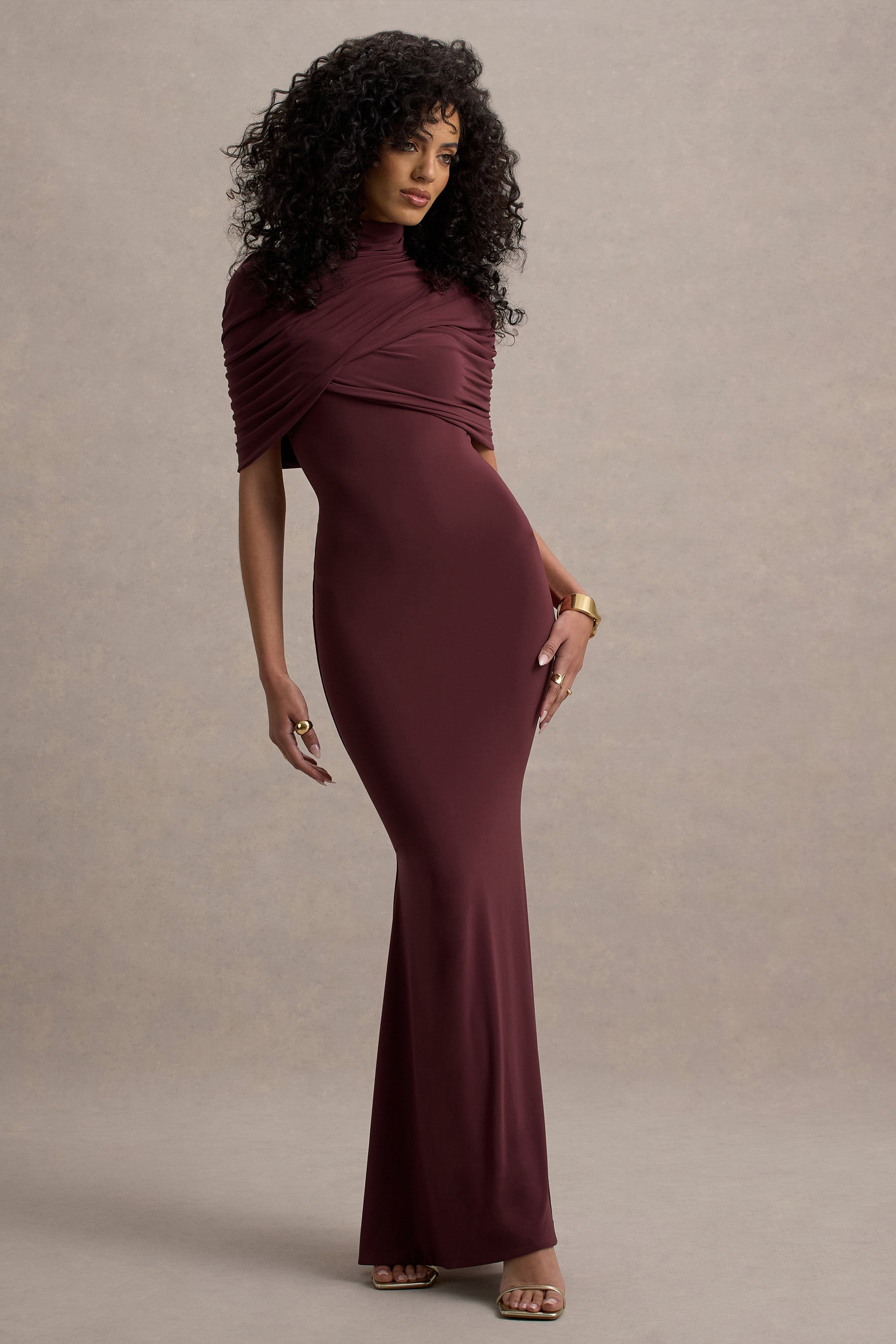 Cleora | Burgundy Twist Cape Maxi Dress