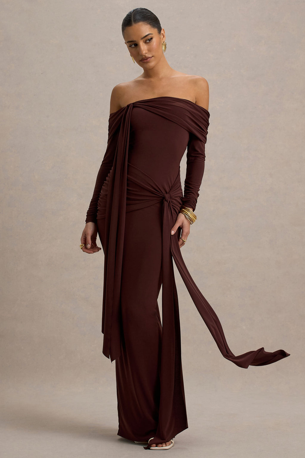 Jovie | Brown Bardot Wrap Maxi Dress With Sash Detail