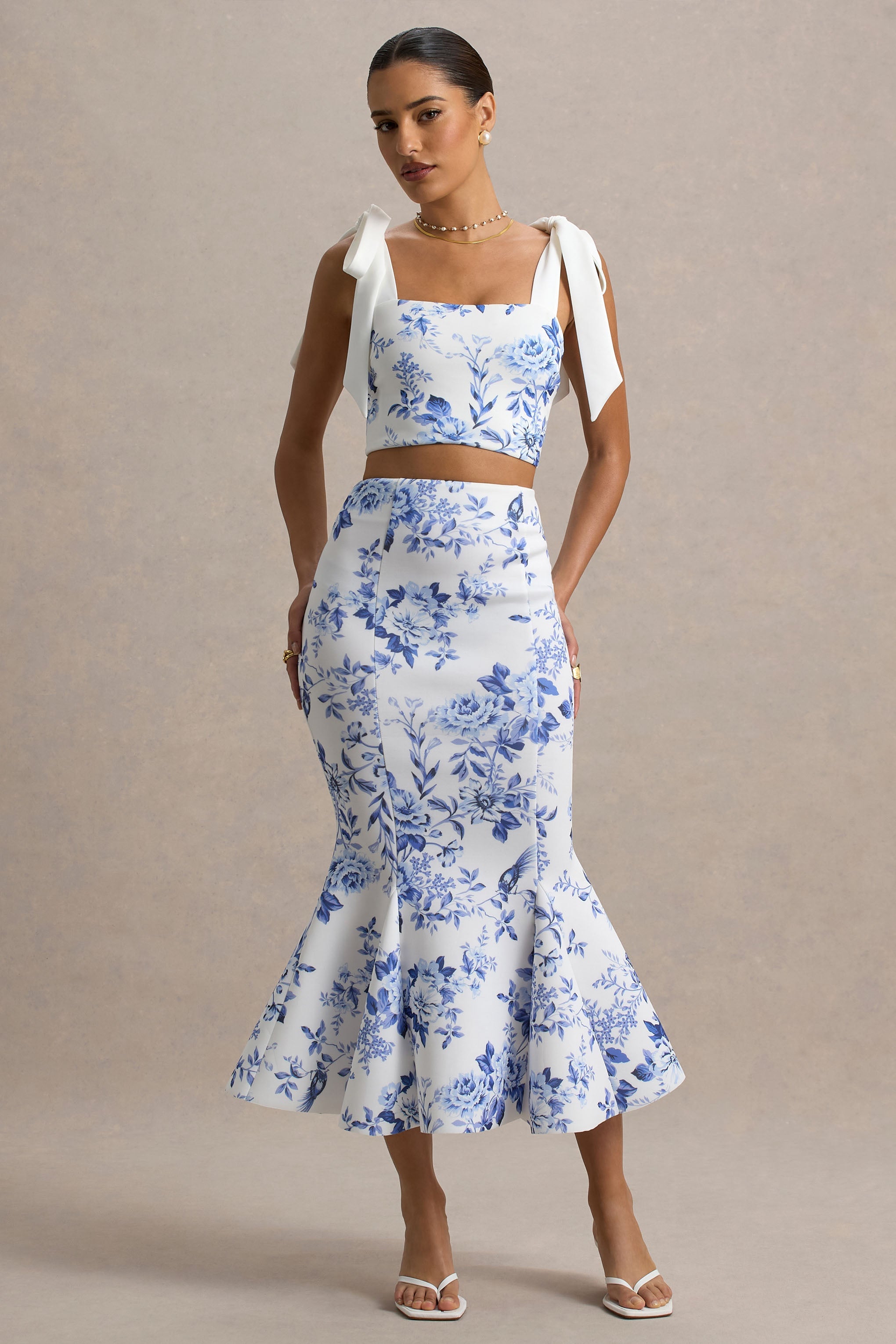 Amadea | Blue Porcelain Print Fishtail Midi Skirt