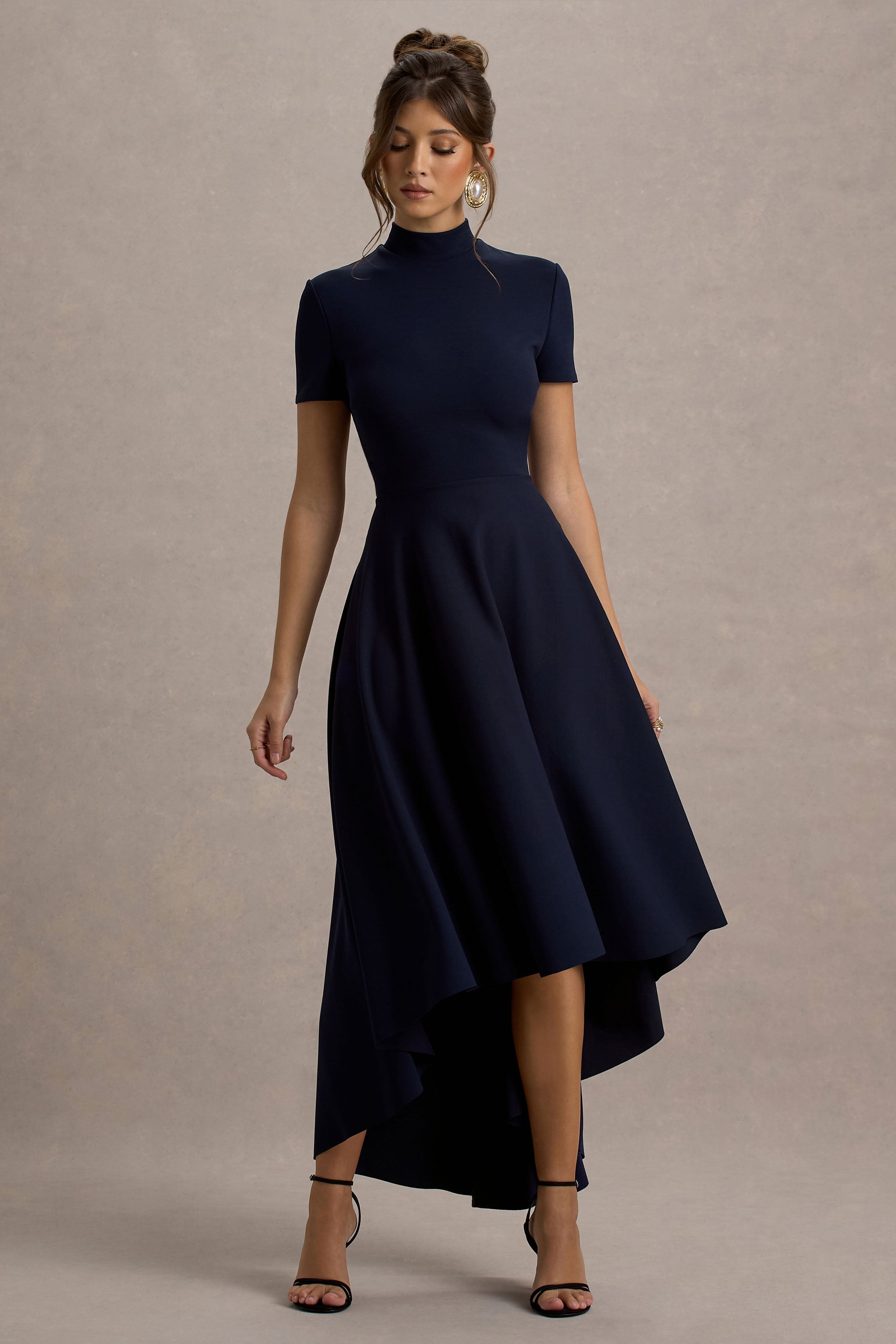 Bellona | Navy High-Neck High-Low Midi Dress