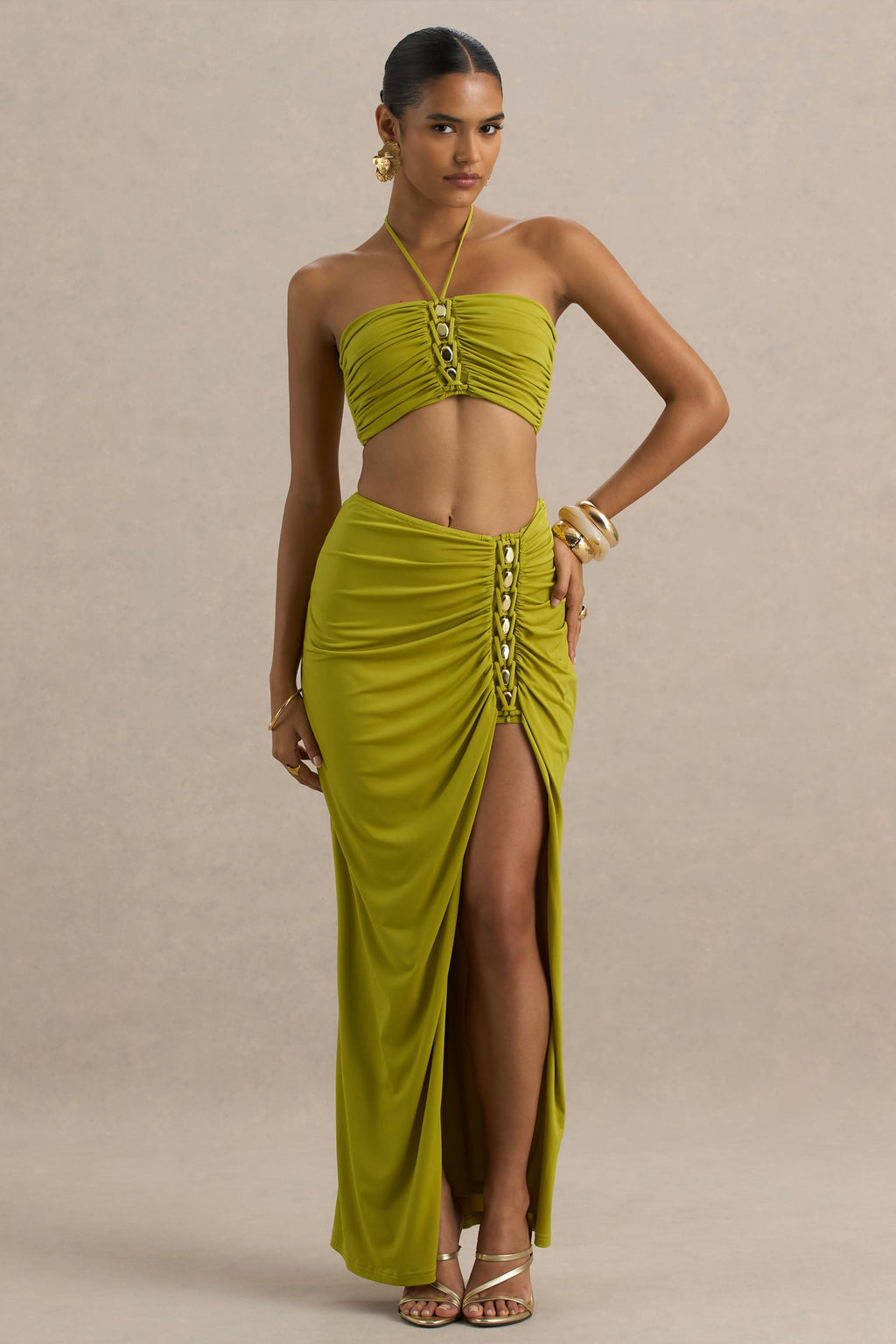Coastline | Green Ruched Maxi Skirt With Split
