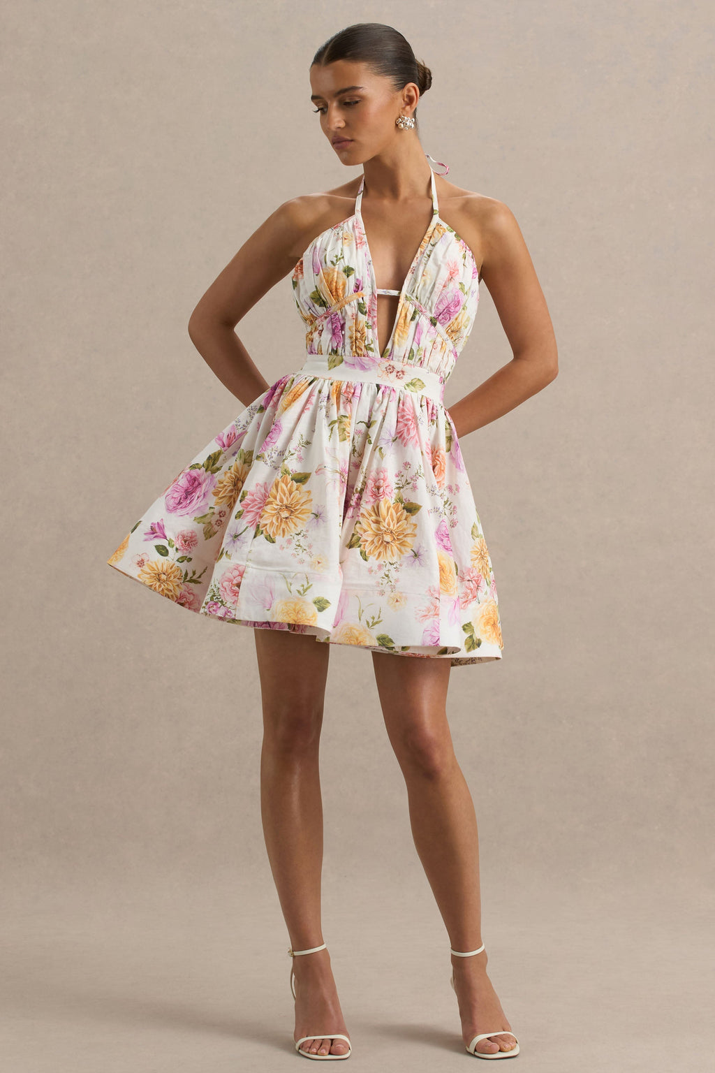 Kasey | Cream Floral Print Halter-Neck Mini Dress With Ruffle Detail