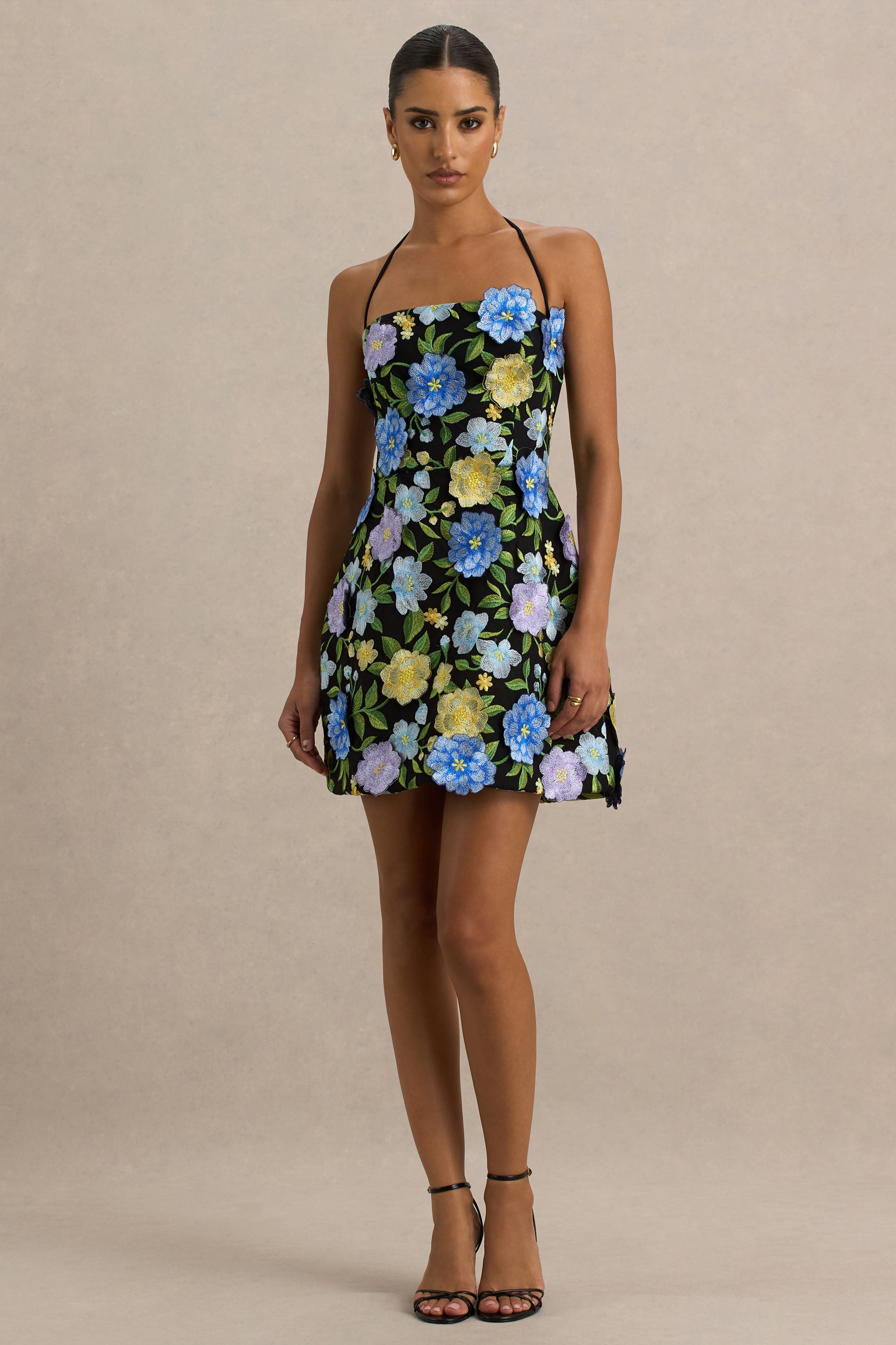 Aisha | Black Floral Embellished Square-Neck Mini Dress