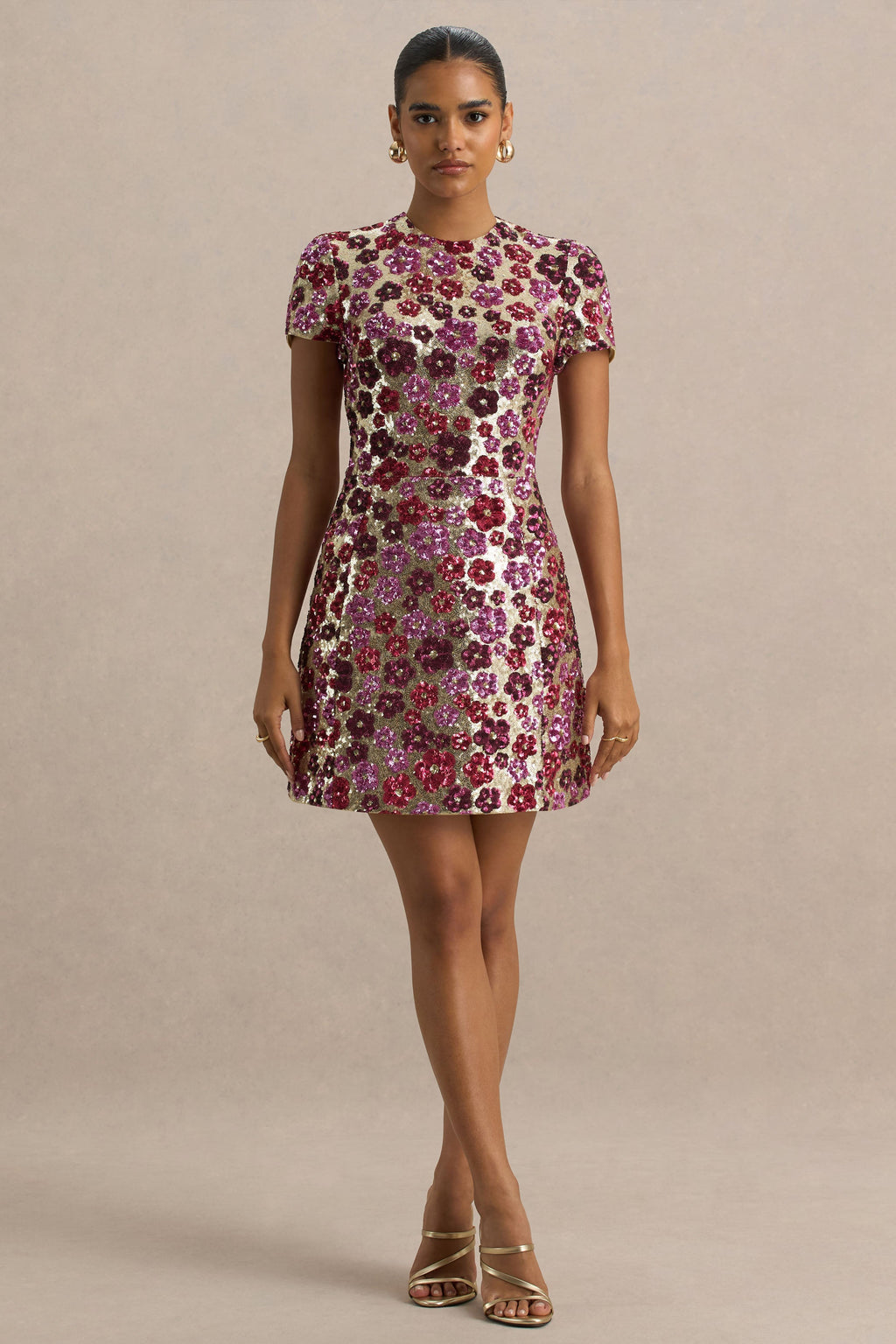 Eira | Pink Floral Sequin Crew-Neck Mini Dress