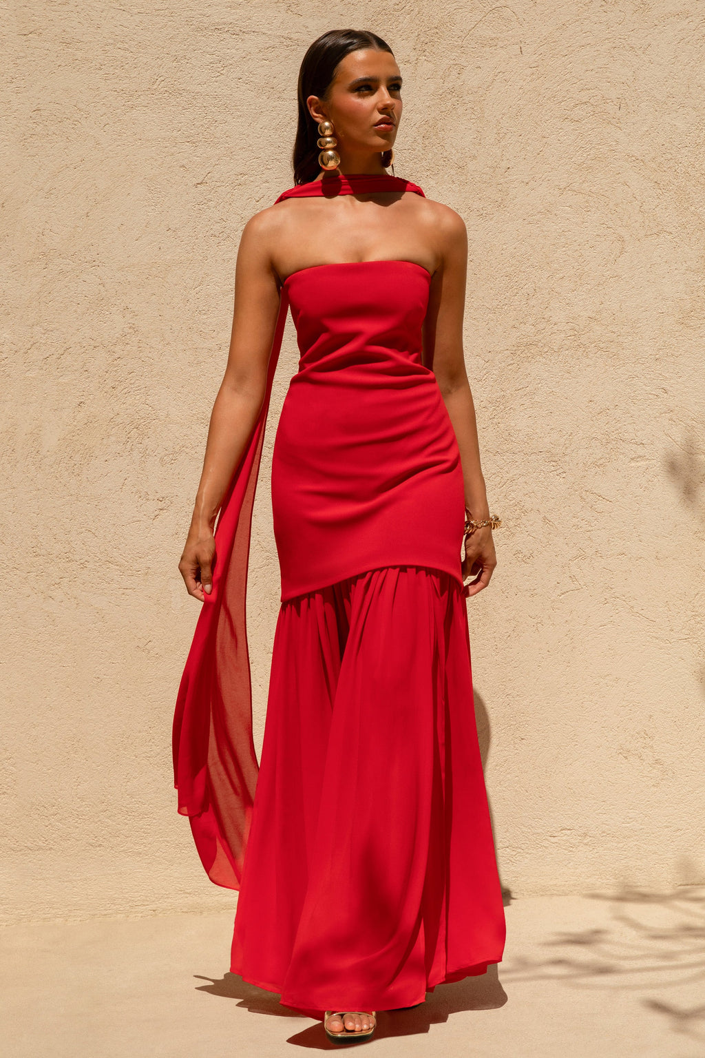 Kylie | Red High-Neck Maxi Dress With Chiffon Skirt