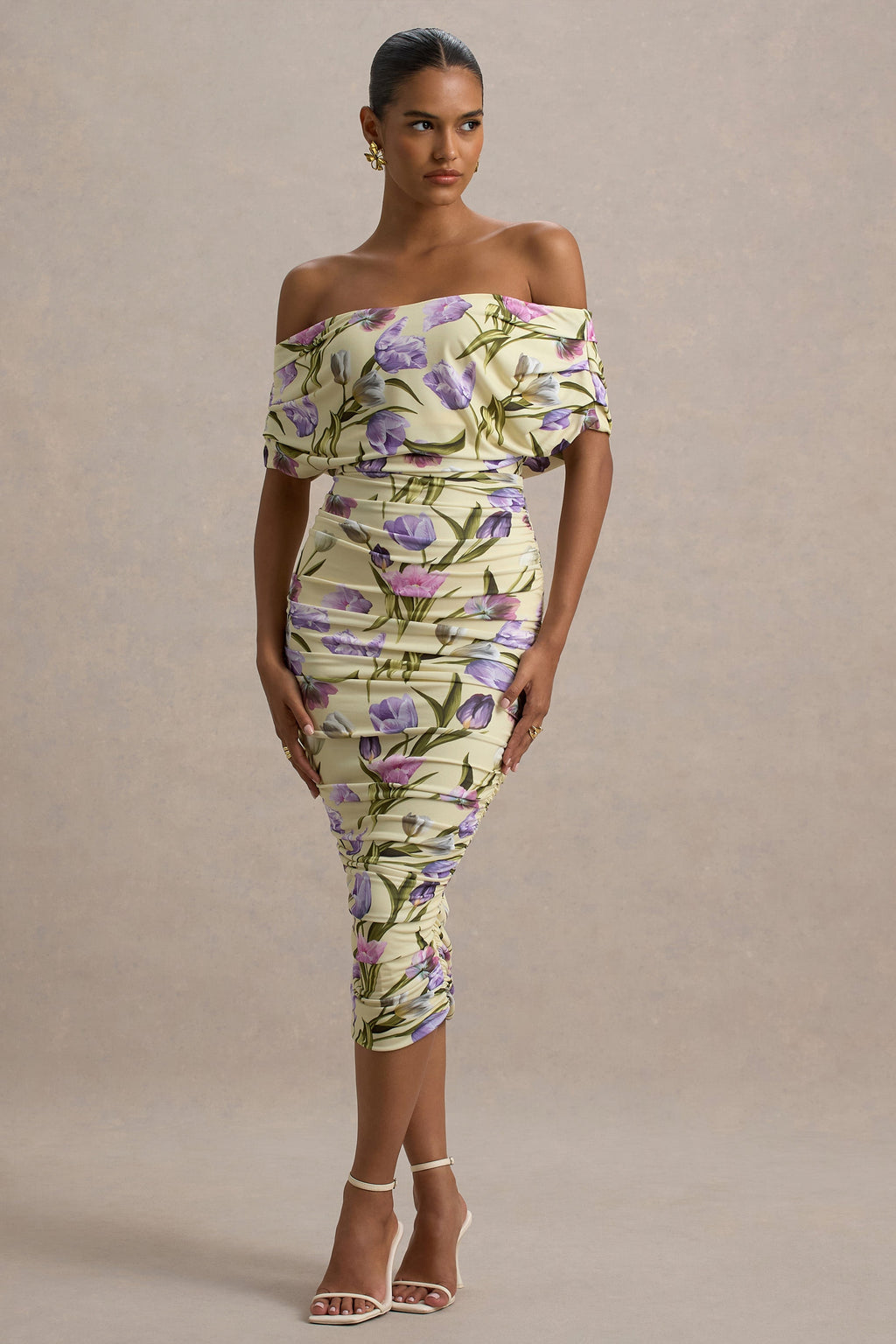 Rayleigh | Tulip Floral Print Bardot Ruched Midi Dress