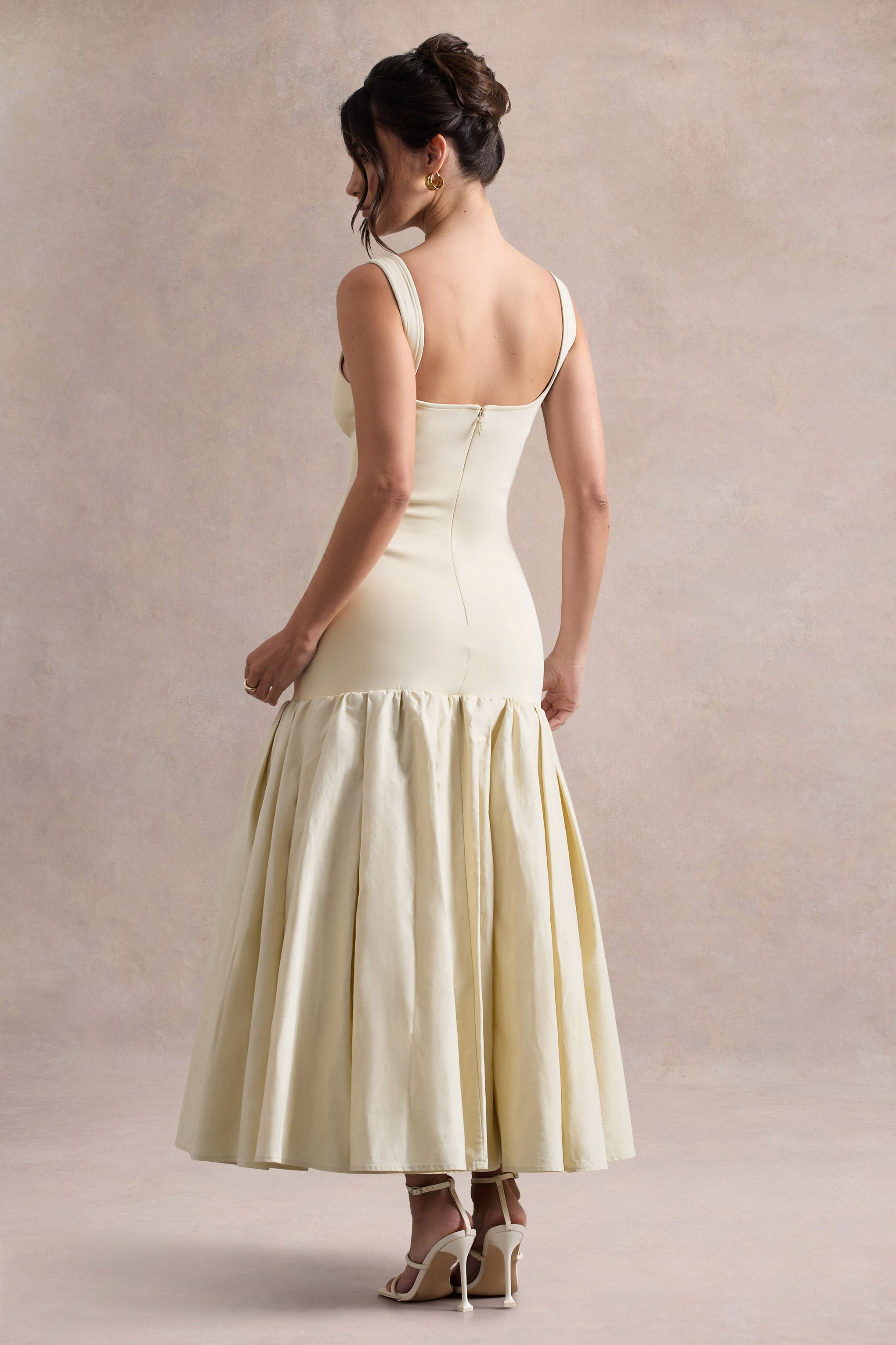 Parida | Cream Poplin Drop-Waist Midi Dress With Peplum Hem