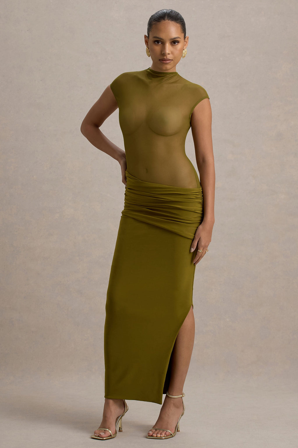 Asia | Green Sheer Short-Sleeve Draped Maxi Dress
