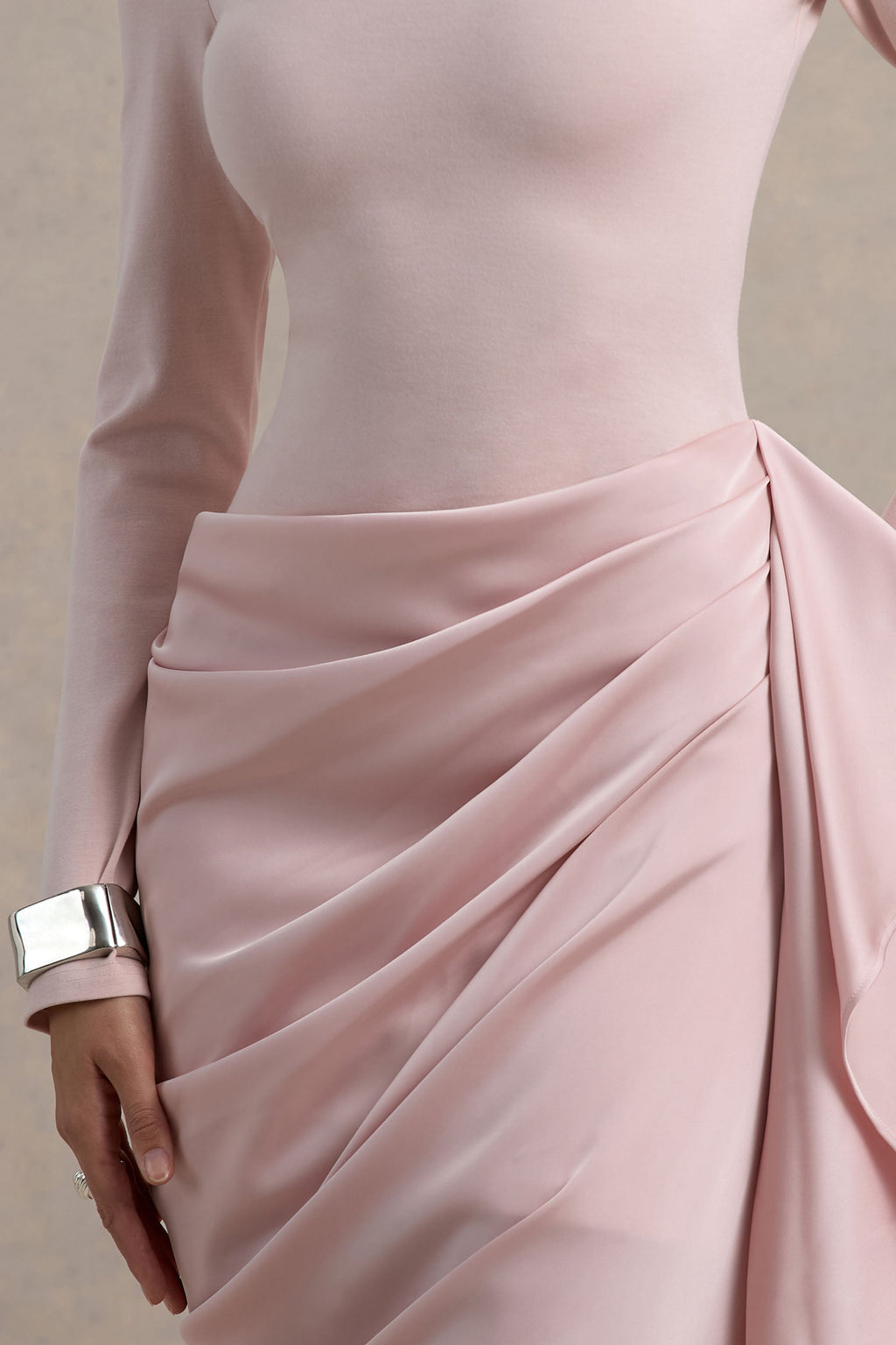 Raffie | Pink Long-Sleeve Midi Dress With Satin Wrap Skirt
