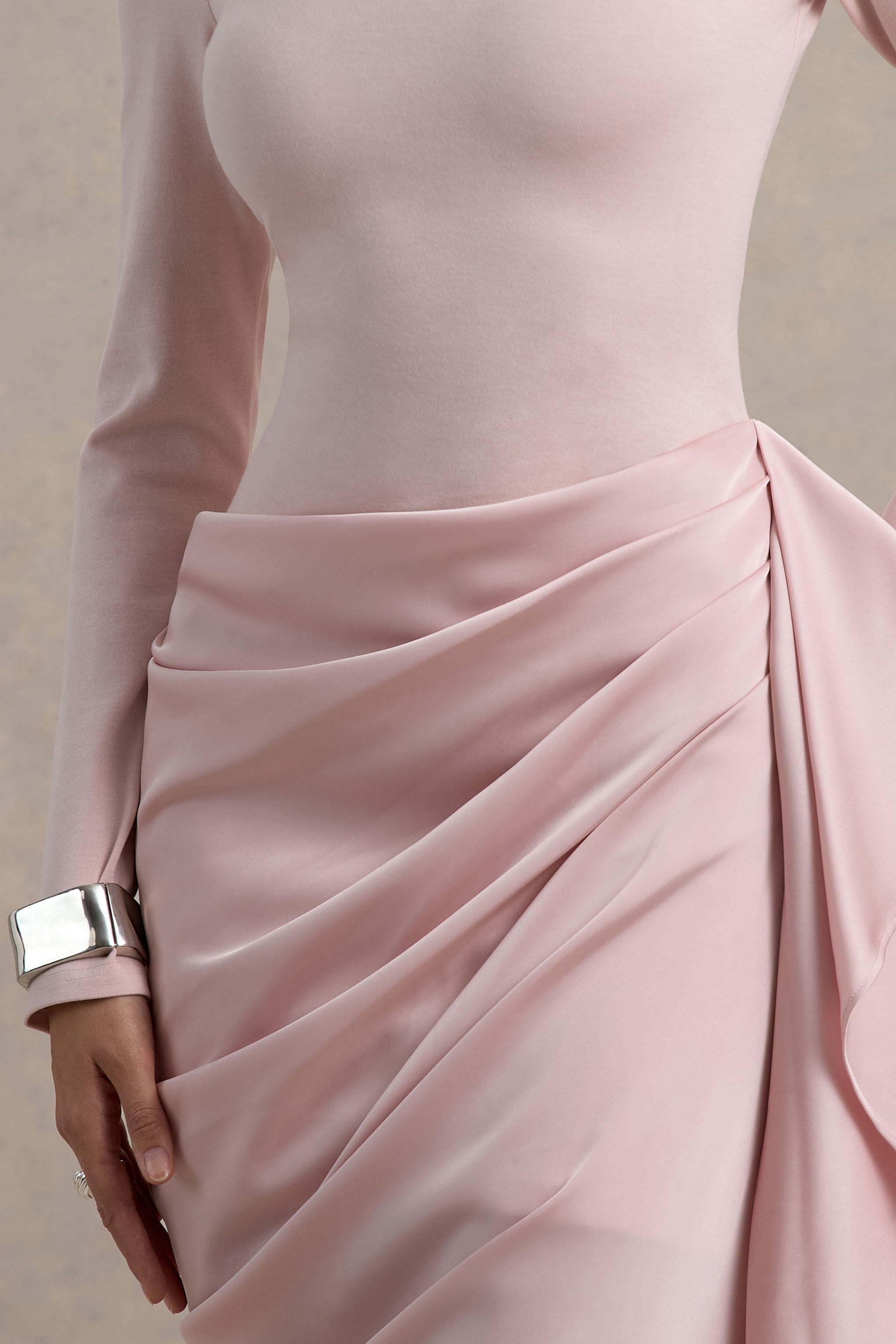 Raffie | Pink Long-Sleeve Midi Dress With Satin Wrap Skirt