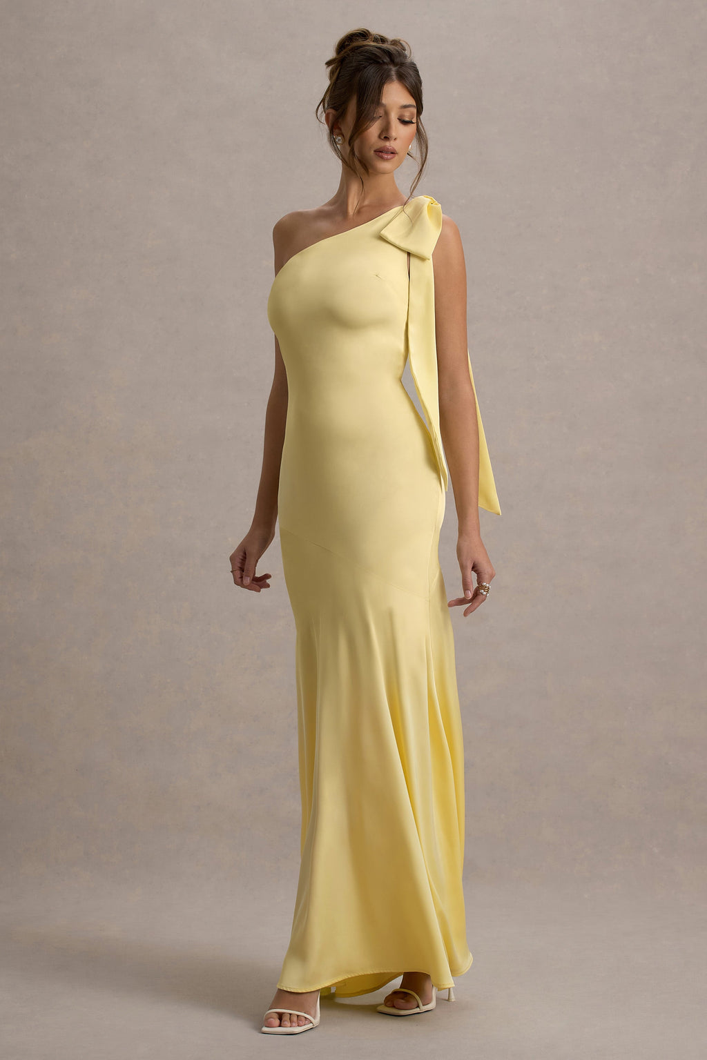 Here For Love | Pale Lemon Satin Asymmetric Maxi Dress With Bow