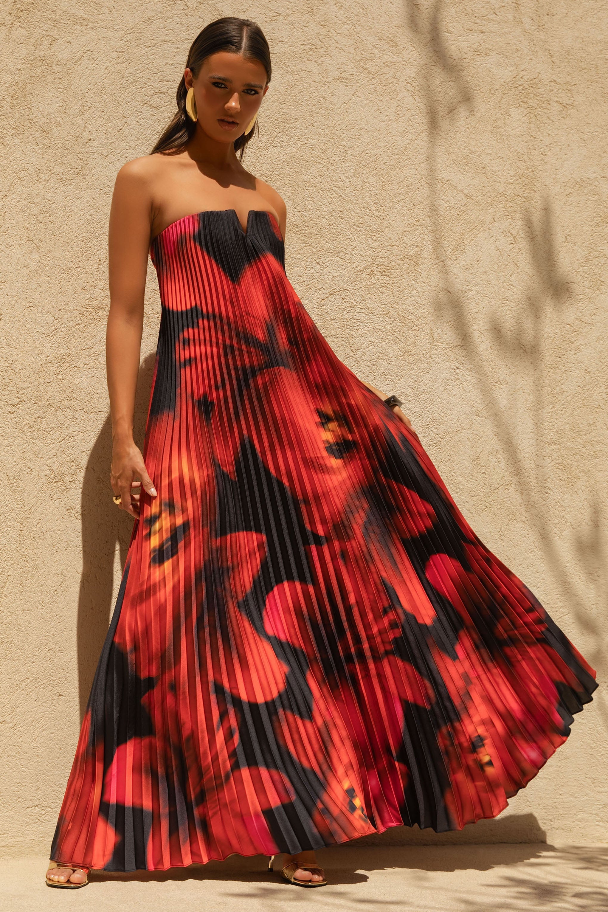 Bergamot | Black And Red Floral Print Satin Sweetheart Maxi Dress