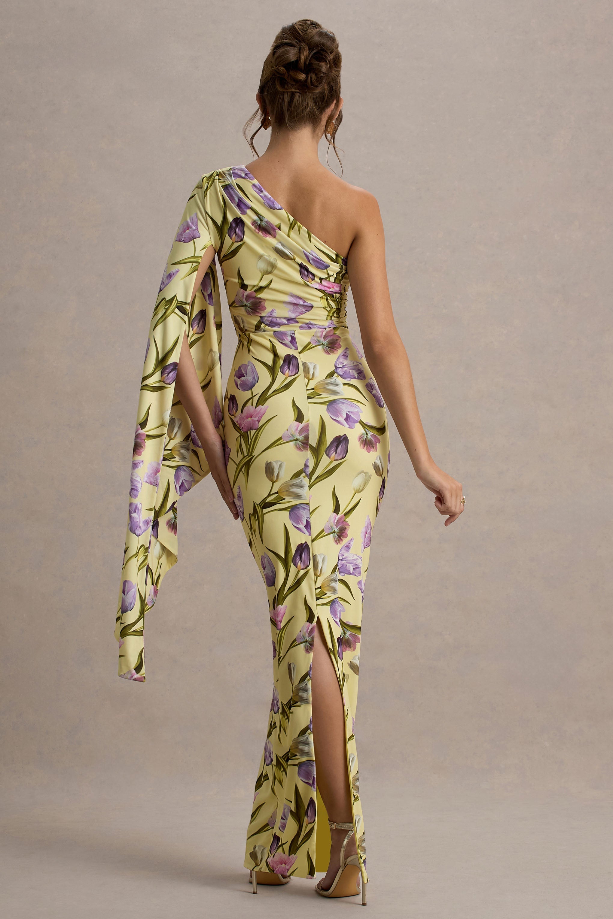 Clementina | Tulip Floral Print Asymmetric Cape Sleeve Maxi Dress