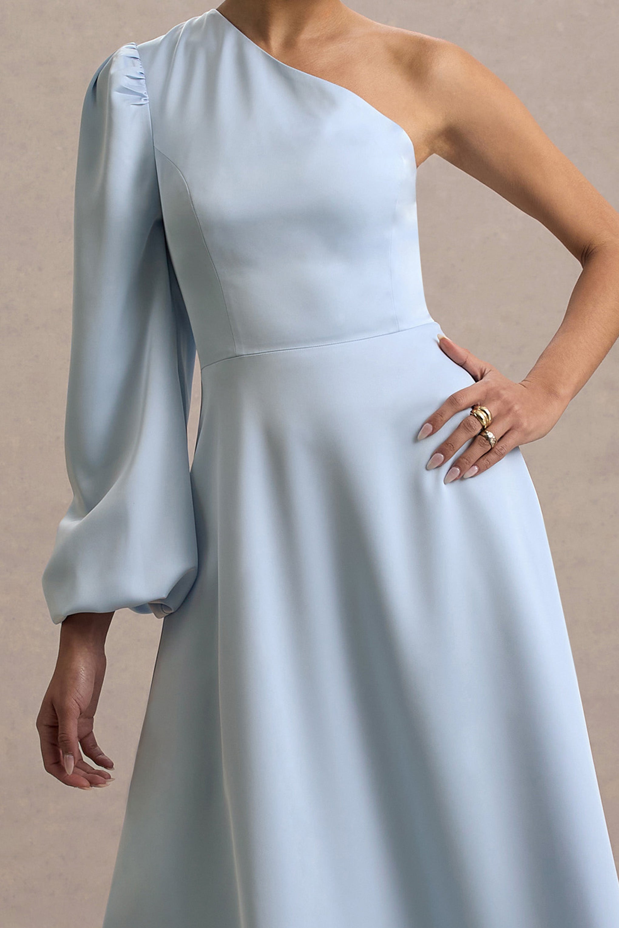 Haila | Powder Blue Satin One-Shoulder Midi Dress