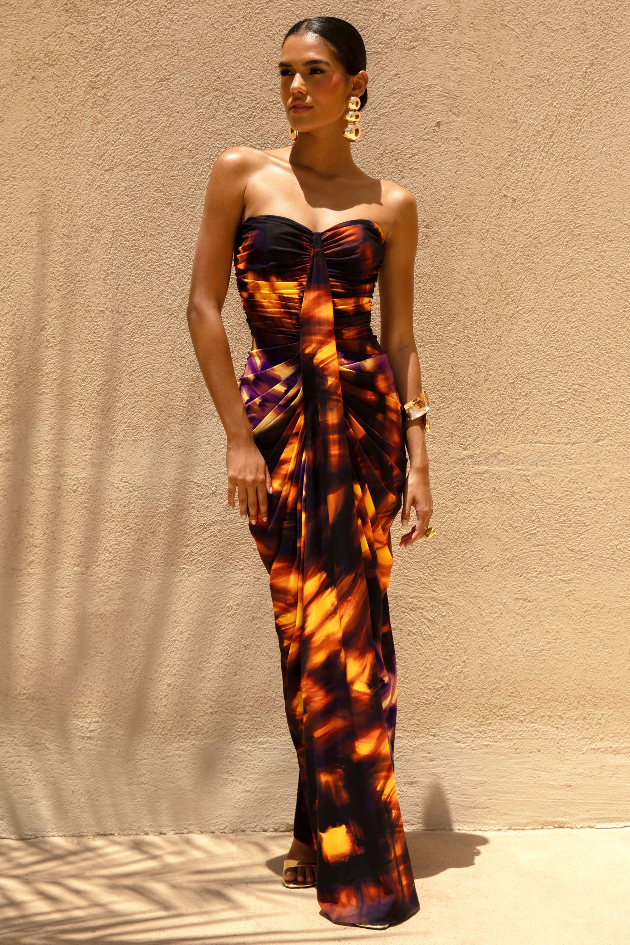 Nyra | Smoke Print Sweetheart Ruched Maxi Dress
