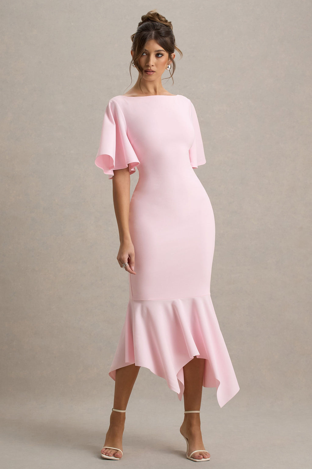 Ashling | Pink Flutter-Sleeve Hanky-Hem Midi Dress