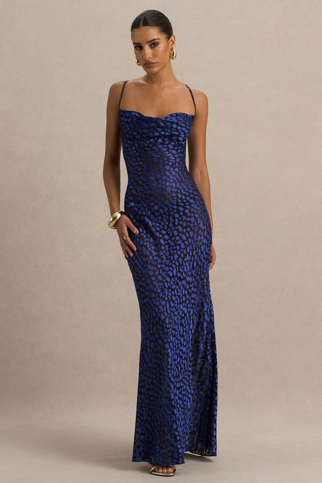Marya | Blue Leopard Print Cowl-Neck Maxi Dress
