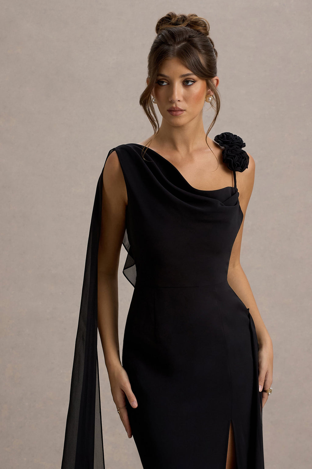 Angeline | Black Chiffon Draped Split Maxi Dress With Corsages
