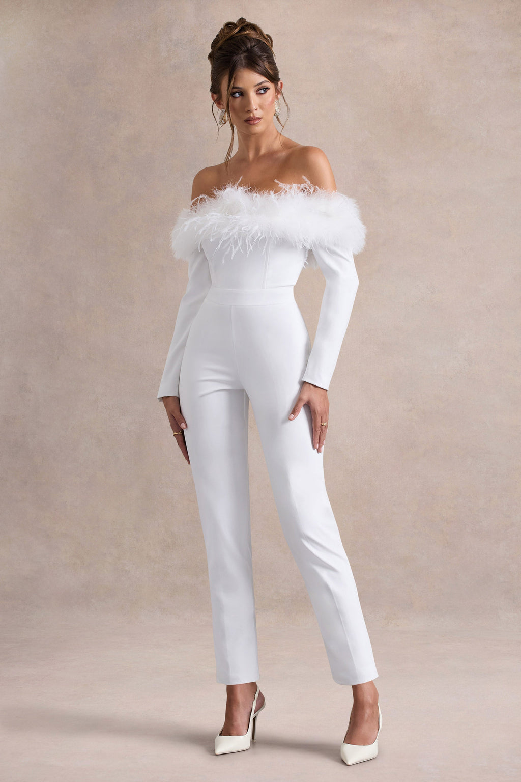 Ales | White Bardot Tailored Straight-Leg Jumpsuit With Feather Trim