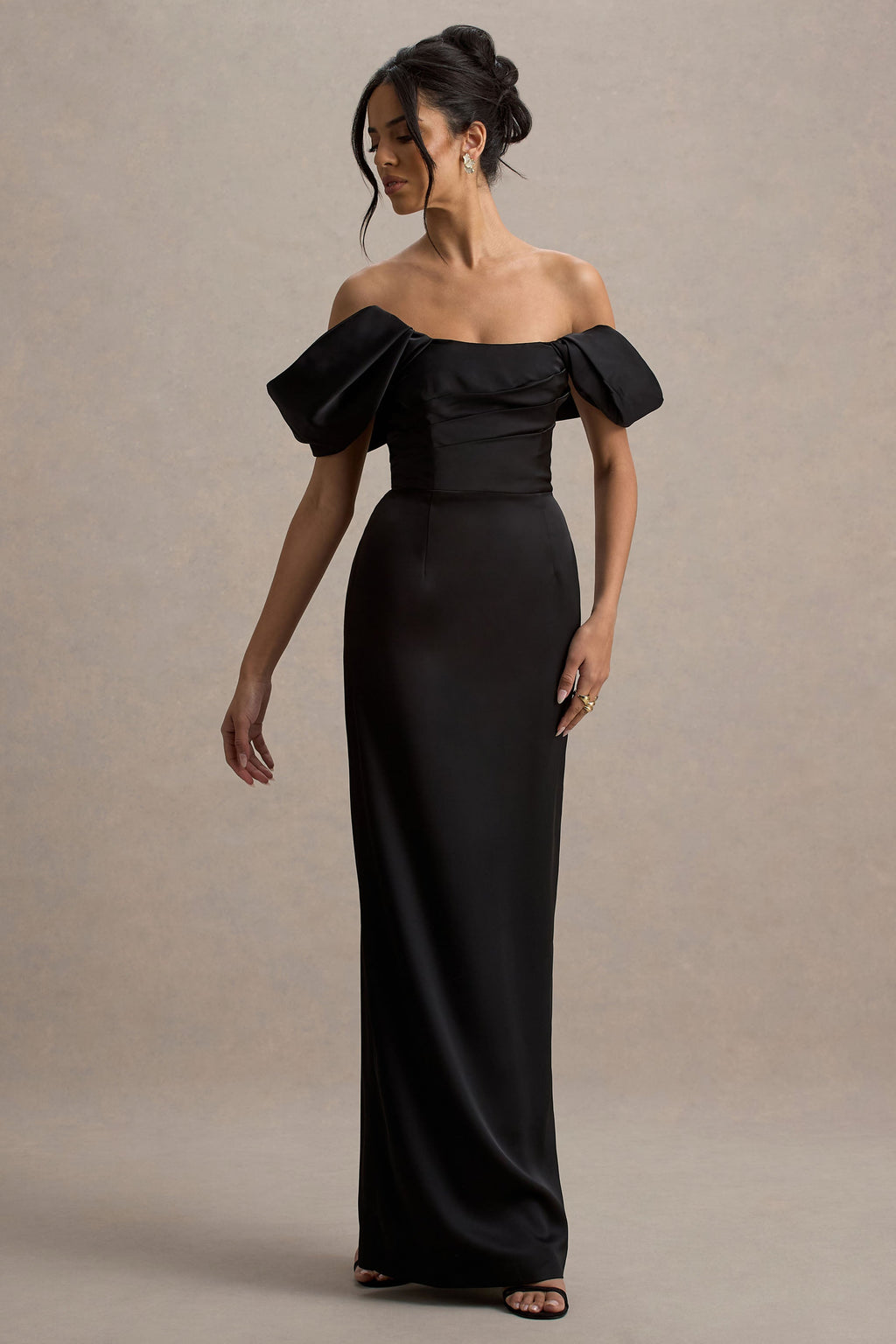 Annita | Black Satin Bardot Maxi Dress