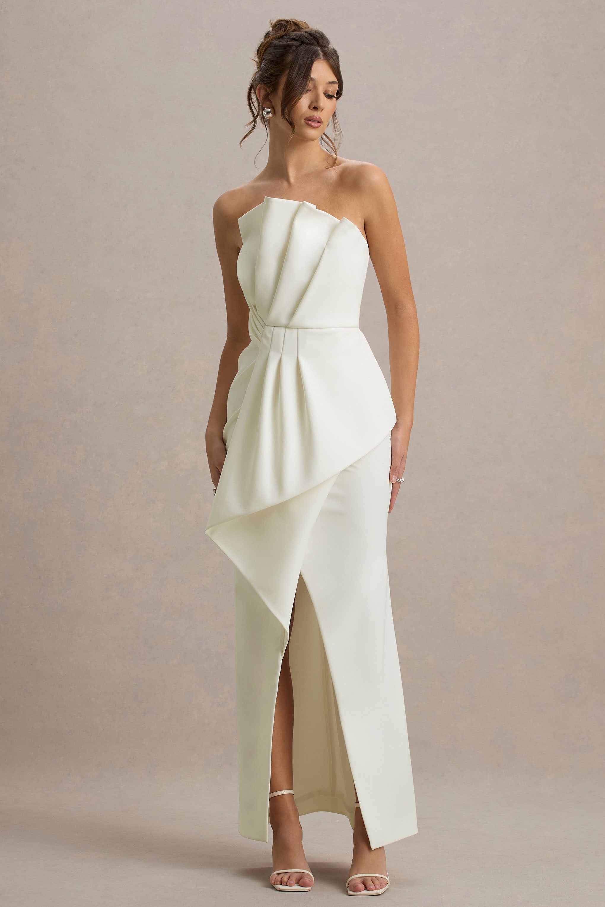 Dreamy Whispers | Cream Strapless Ruffle Split Maxi Dress