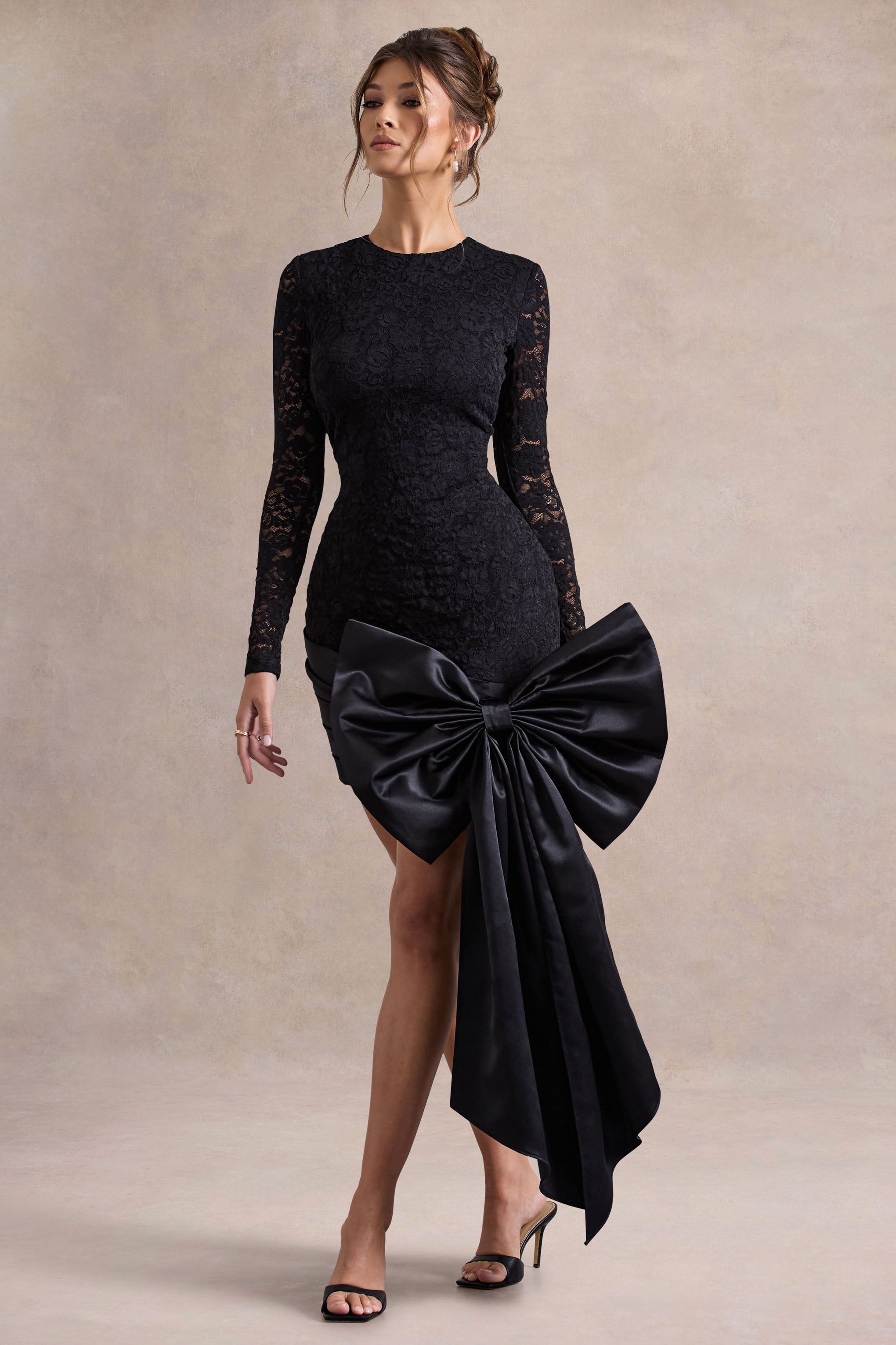 Evry | Black Lace Long-Sleeve Mini Dress With Oversized Satin Bow