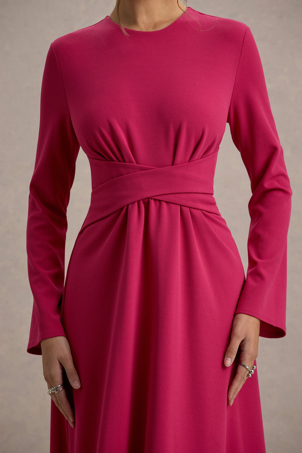 Cassiopeia | Hot Pink Long-Sleeve Midi Dress With Cross Waist