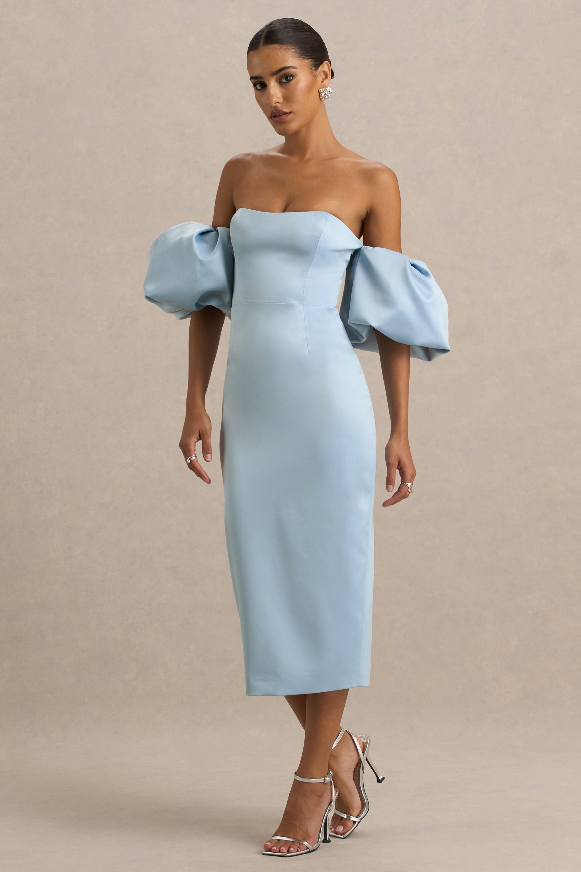 Imogen | Powder Blue Satin Short-Sleeve Bardot Midi Dress With Ruffle Detail