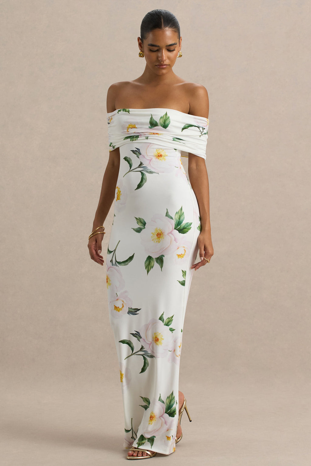 Capri | White Rose Print Bardot-Neck Maxi Dress With Ruched Detailing