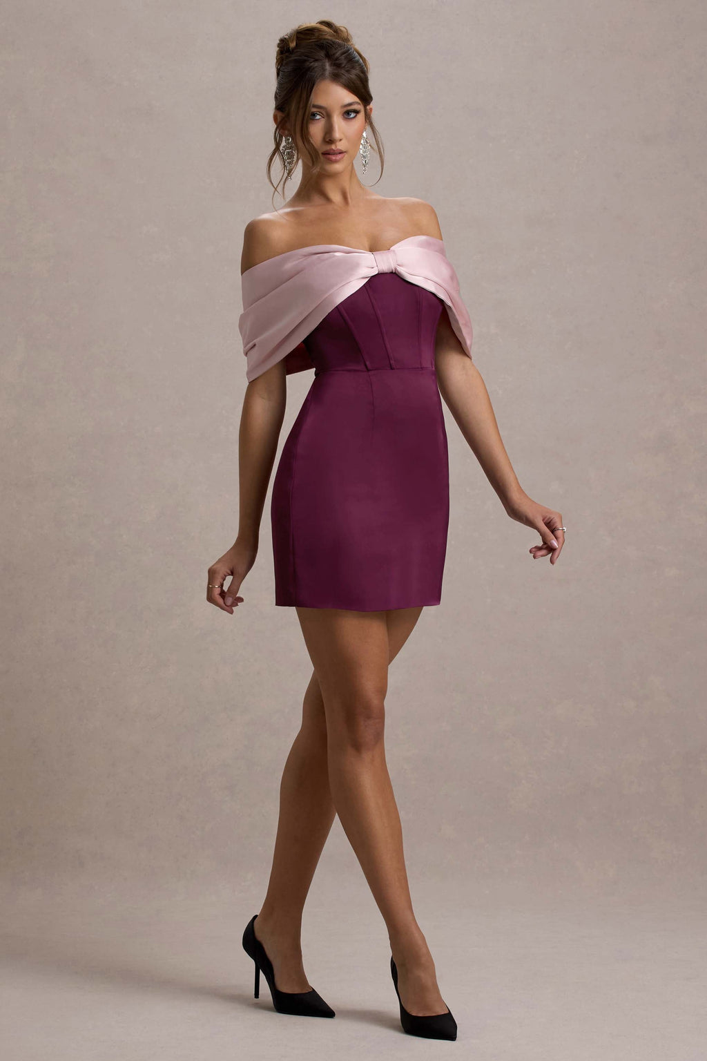 Linley | Burgundy & Pink Satin Bow Bardot Mini Dress
