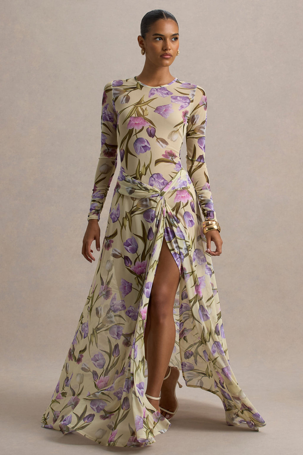 Koami | Yellow Floral Long-Sleeve Ruched Maxi Dress With High Split