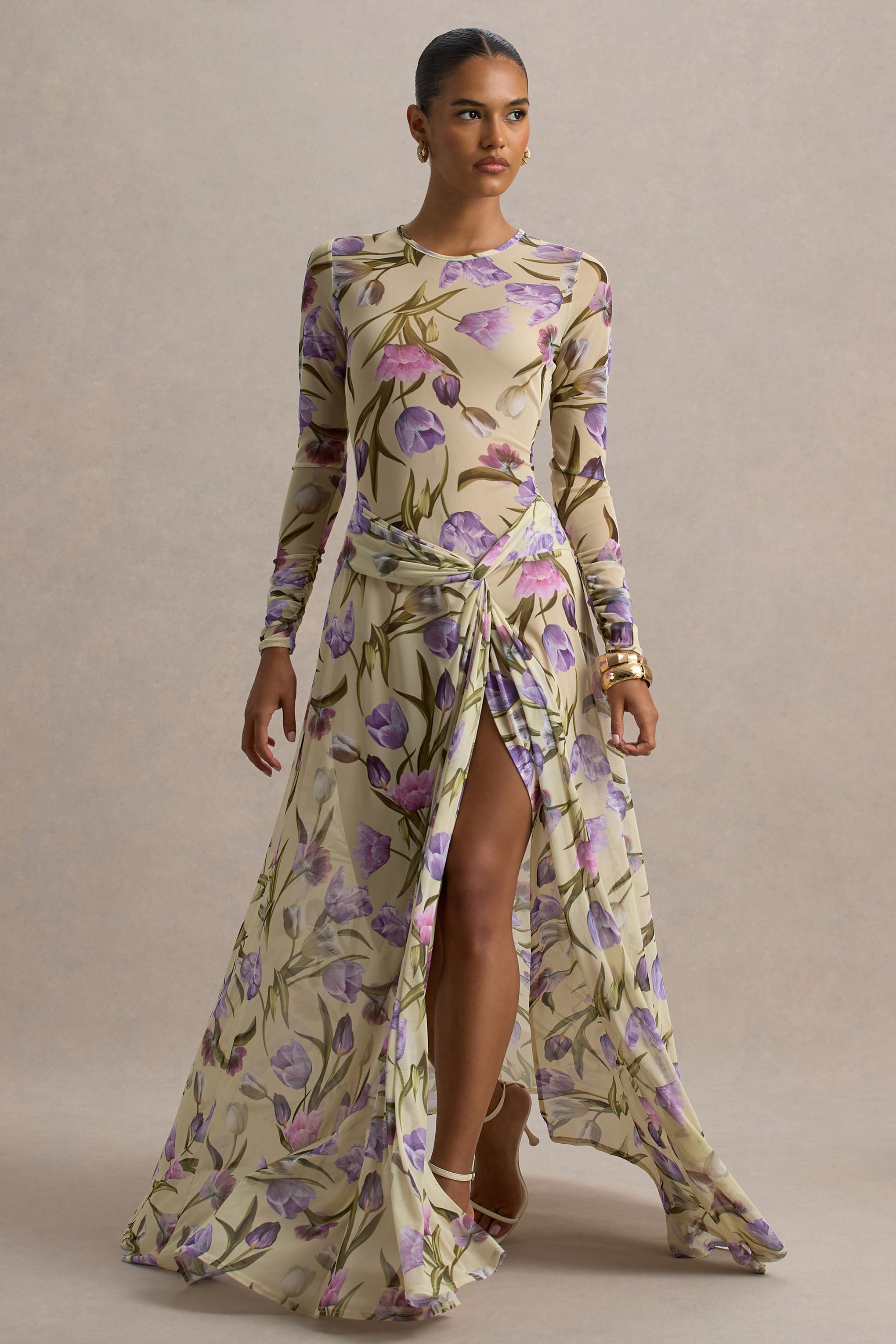Koami | Yellow Floral Long-Sleeve Ruched Maxi Dress With High Split