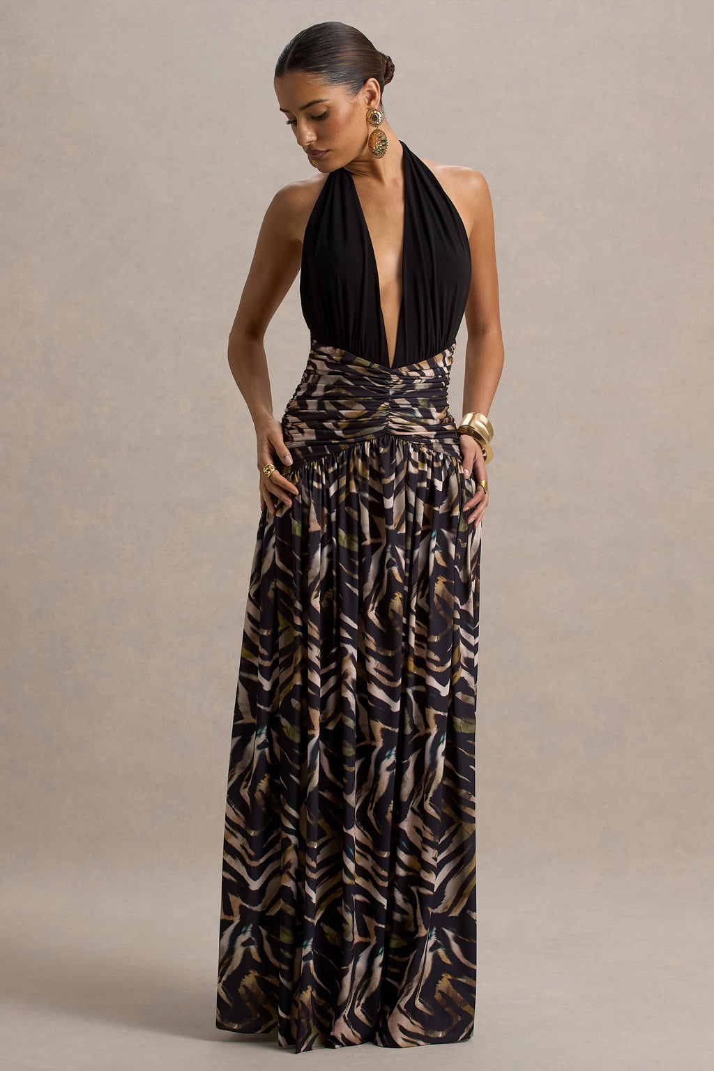 Ferreira | Zebra Print Plunge-Neck Maxi Dress